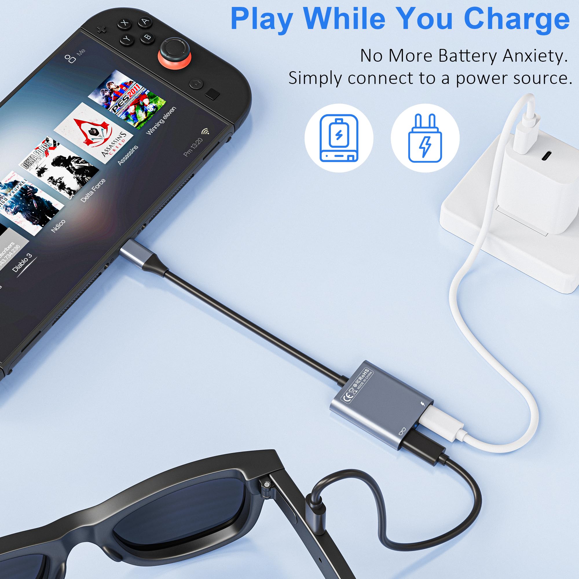 Adapter ładowania USB-C na okulary, adapter ładowania i odczytu z ładowaniem PD 100 W i wyjściem wyświetlacza 4K @ 60 Hz, do przełącznika (nie przełącznika 2), ROG Ally, PS4/5, Xbox, Mac mini
