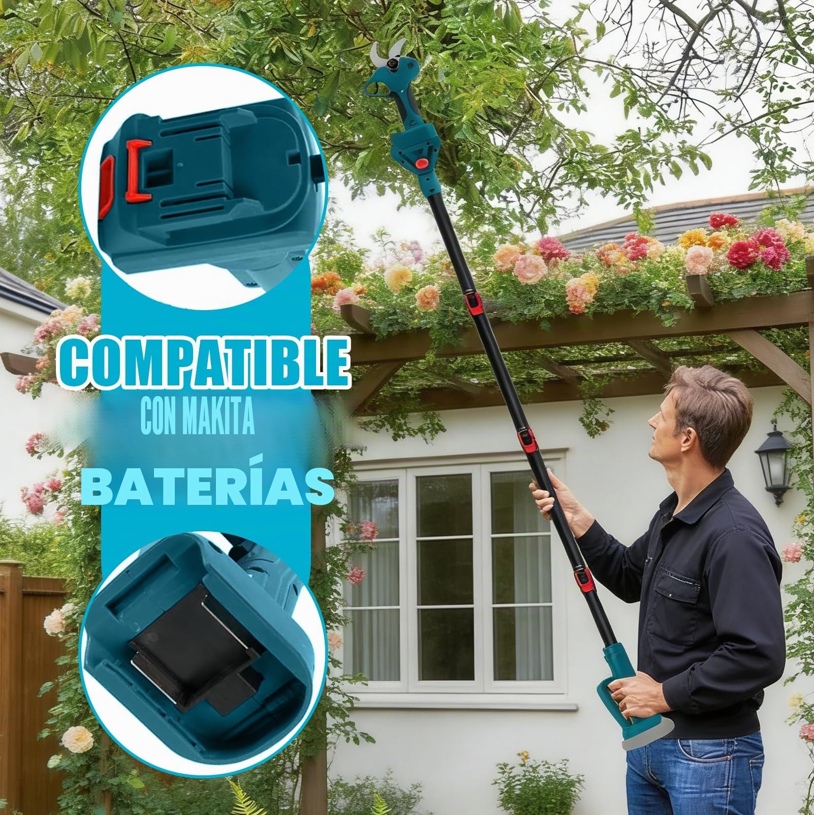 Barra telescópica para podadoras y sierras eléctricas | tijeras podar telescópicas, 4 piezas de extensión de jardín de 2m, accesorio de corte alto ajustable, compatible con Makita