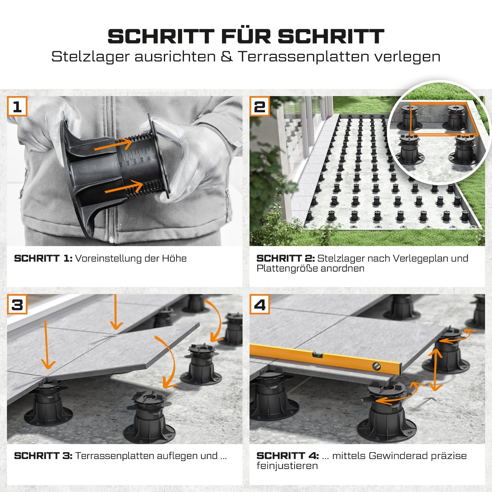 10x LANGFIT® Stelzlager "XL" für Terrassenplatten – Mit Auto-Nivellierung 0-7% – Bis 50% schneller montiert – Mit Maßskala – Stufenlos höhenverstellbar von 83-203mm / Fugenkreuz 3mm – Made in Germany
