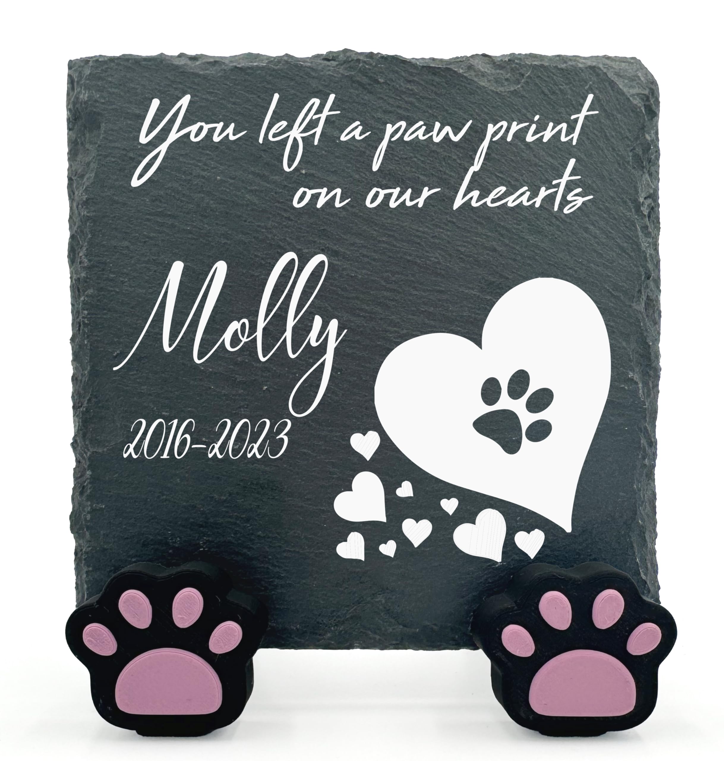 TULLUN Personalised Individual Square Memorial Small Plaque with Paw Stand For Pet Cat Dog Slate Stone Frame Grave Marker - Size 5.9" x 5.9" or 150 x 150 mm - White Heart — image 1