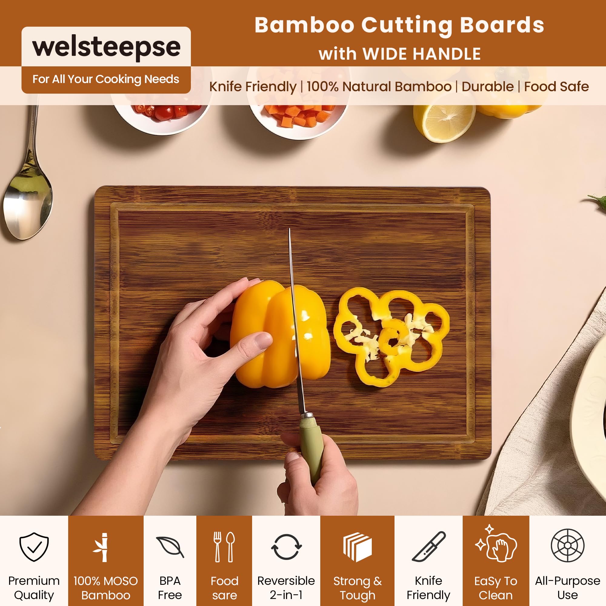 welsteepse Tablas de cortar de bambú (juego de 3) con ranura para jugo, juego de tablas de cortar de madera de bambú para carne, fruta y queso