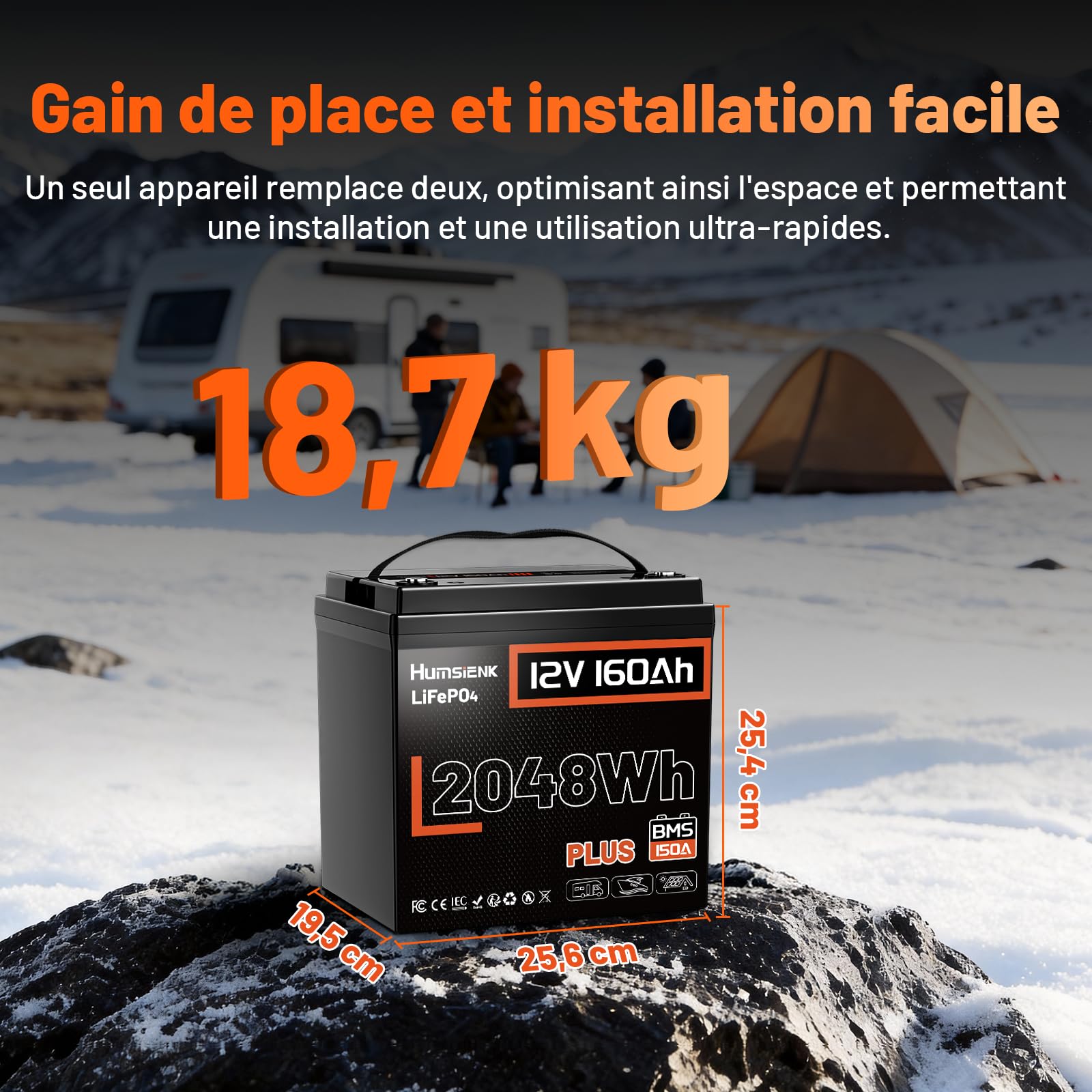 Batterie LiFePO4 160 Ah Plus HumsiENK – Batterie Lithium 12 V Haute Performance, 2048 Wh, BMS Intelligent, IP65, Compatible RV/Solaire/Bateaux – Version Ultra de la Batterie LiFePO4 12 V 160 Ah