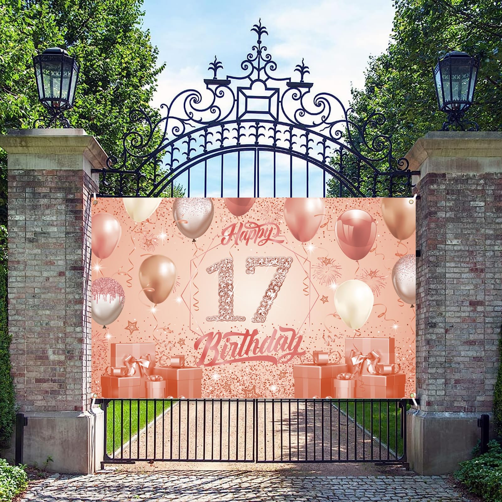 Decorazioni per il 17° compleanno in oro rosa Numero 17 Cerchio Dot Star Ghirlanda Banner Sfondo per ragazze Fornure per feste del 17° compleanno  15