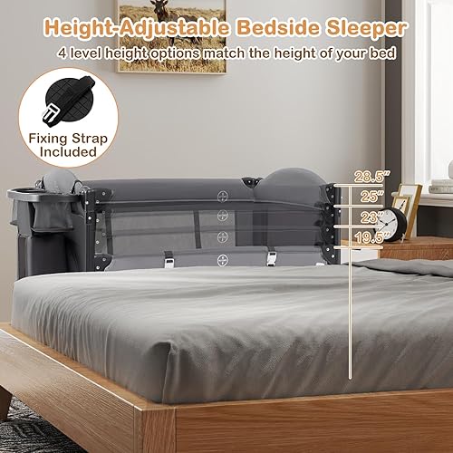 Miniatura 4 de HONEY JOY Pack and Play, cama 5 en 1 para bebé con moisés, toldo extraíble, cambiador de pañales, cremallera lateral, altura ajustable, cuna