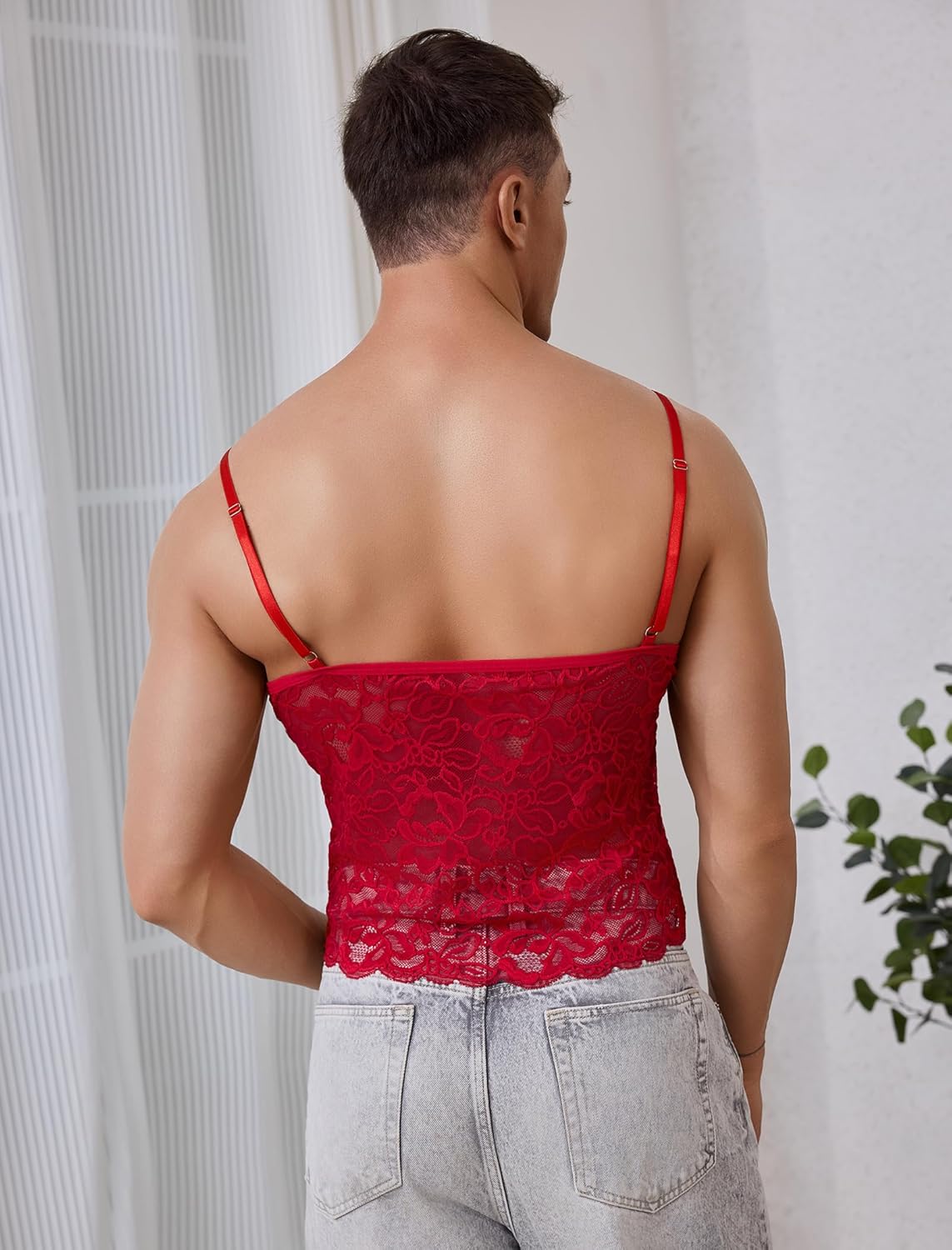 ABAFIP Men’s Lace Cami Top Floral Sheer Camisole Ruffle V-Neck Sleeveless Shirt See Through Undershirt - Image 4