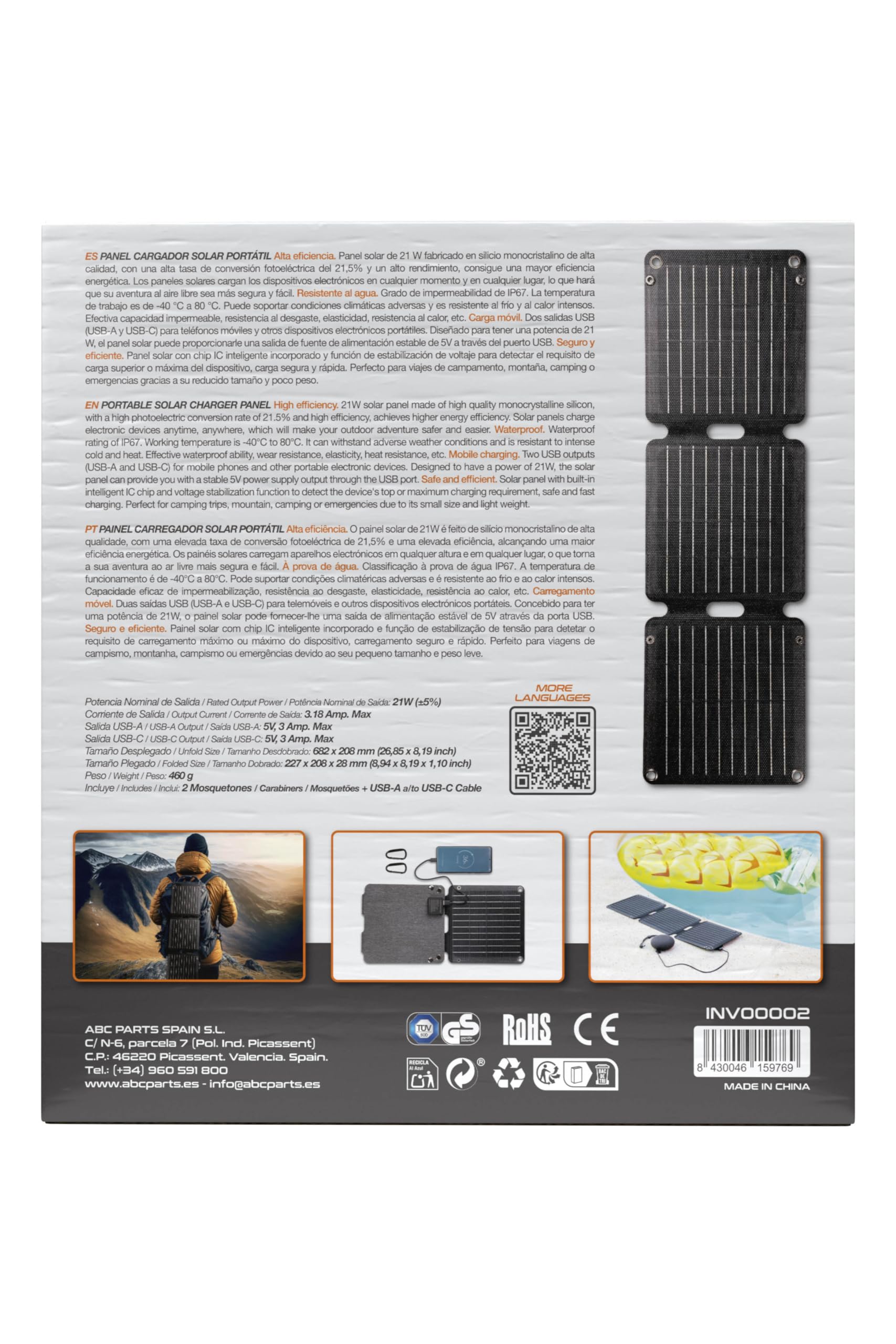 Innovate Panel Cargador Solar Portátil 21W 5V 3 Amp. Máx. con Conexión USB Tipo C-A. Placa Solar Plegable e Impermeable. Perfecto para Acampadas, Trekking, Senderismo, Playa, Montaña…