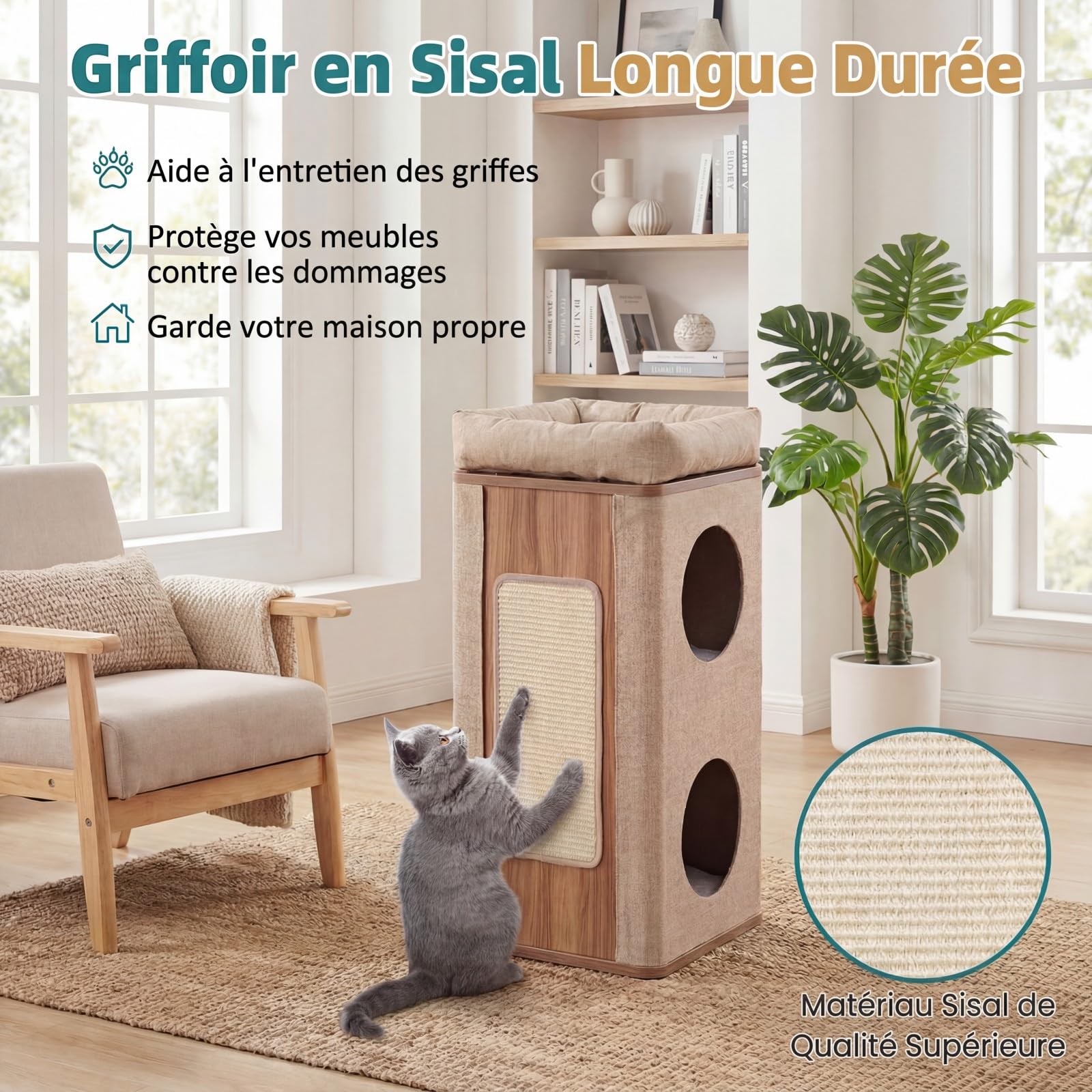 GOPLUS Tonneau à Gratter pour Chat 3 Niveaux 71CM, Surface Peluche (Beige)