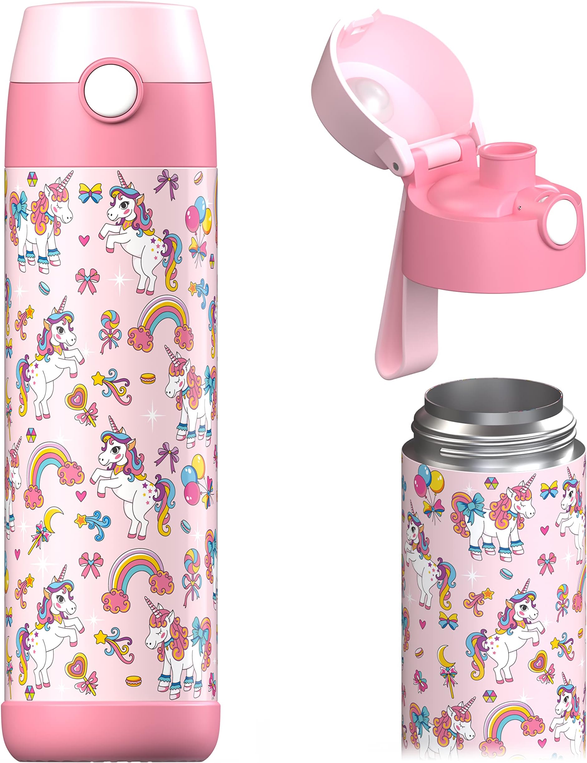 JARLSON® "MALI" Children's Water Bottle, Thermal Stainless Steel Water Bottle, BPA-Free, Leak-Proof, Children's Bottle with Chug Lid, Bottle for School, Nursery, 350 ml (Unicorn, 500 ml)