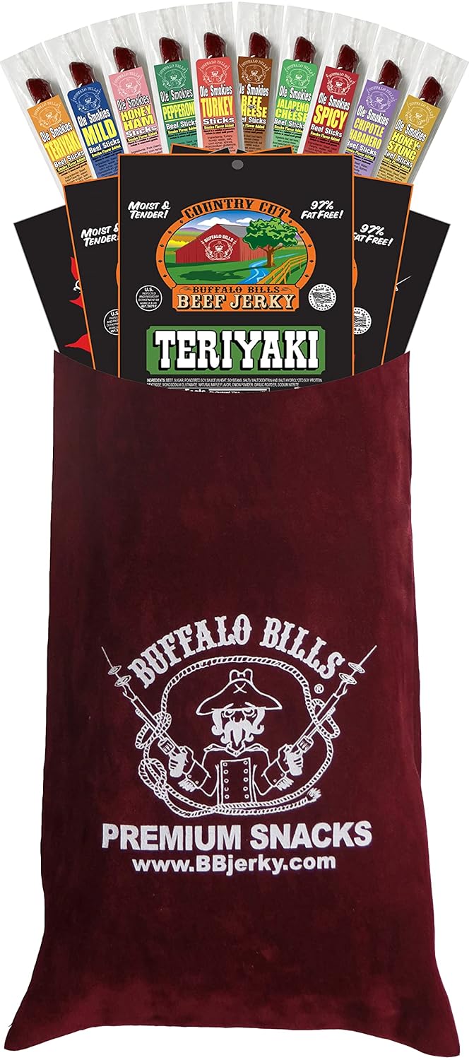 Buffalo Bills 15-Pc Beef Jerky & Beef Stick Sampler Burgundy Velour Wine Gift Bag (15 mixed packs)