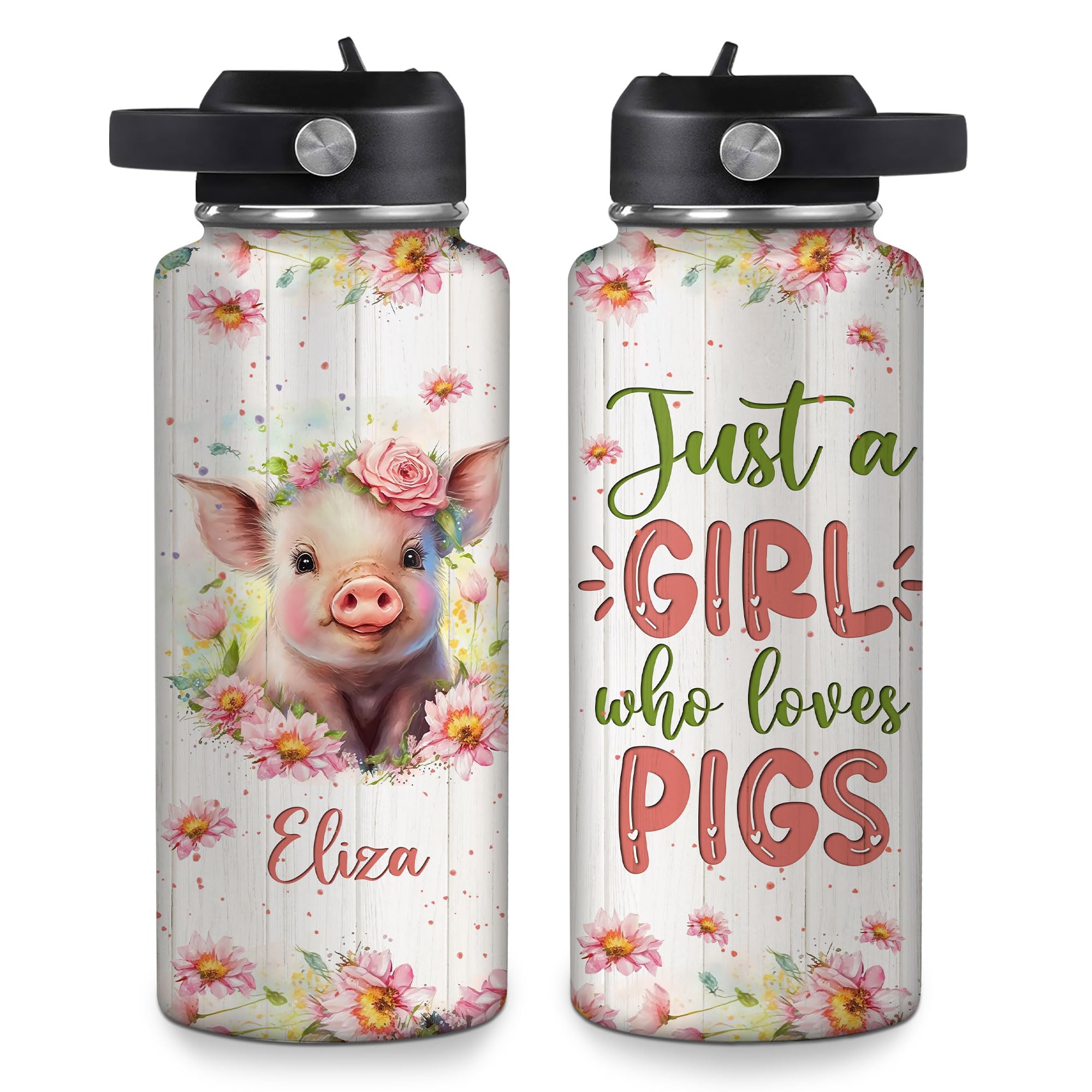 Hyturtle Personalized Pig Water Bottle - Travel Insulated Stainless Steel Bottle with Leak-Proof Lid 18 oz, 32 oz - Gift for Women Girls Pig Lovers - Birthday & Christmas Gift