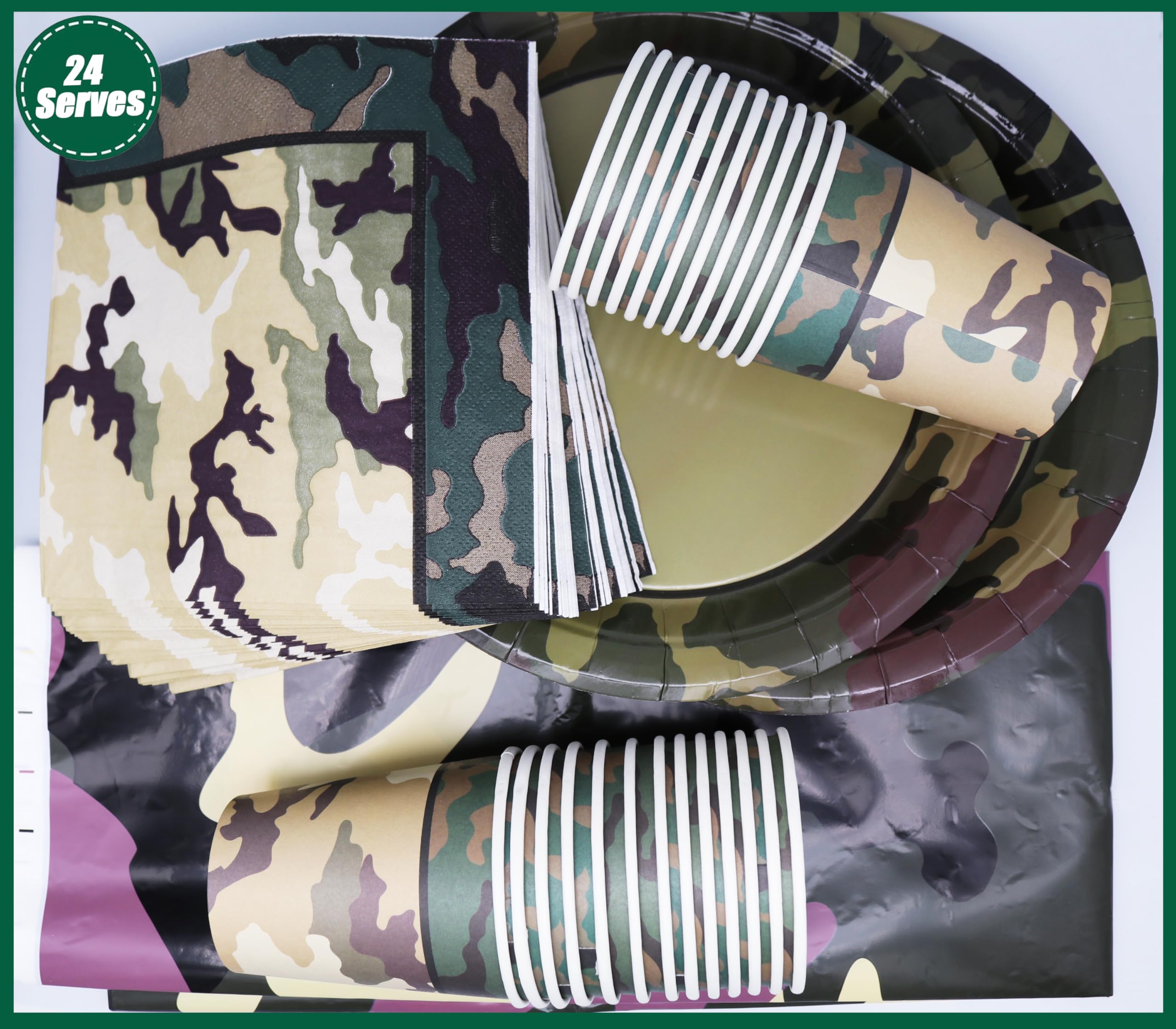 Set di stoviglie mimetiche per feste da 24 ospiti, piatti piani, temi di compleanno dell'esercito, decorazione da tavolo, campeggio, feste all'aperto