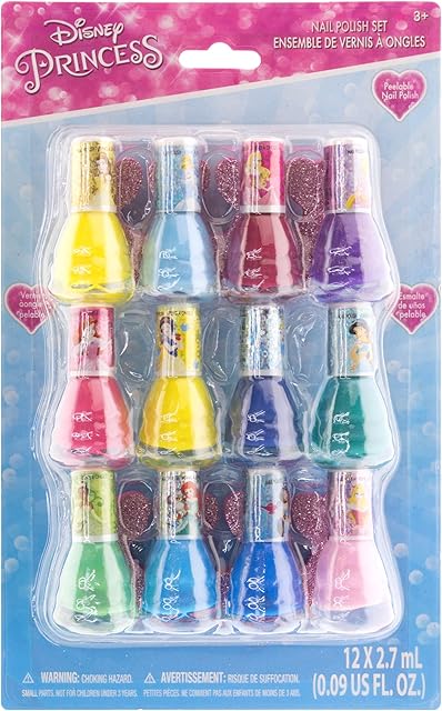 Disney Princess - Townley Girl Non-Toxic Water-Based Peel-Off Natural Safe Quick Dry Nail Polish|Gift Kit Set for Kids Tween Girls|12 Pcs - Perfect for Parties, Sleepovers and Makeovers