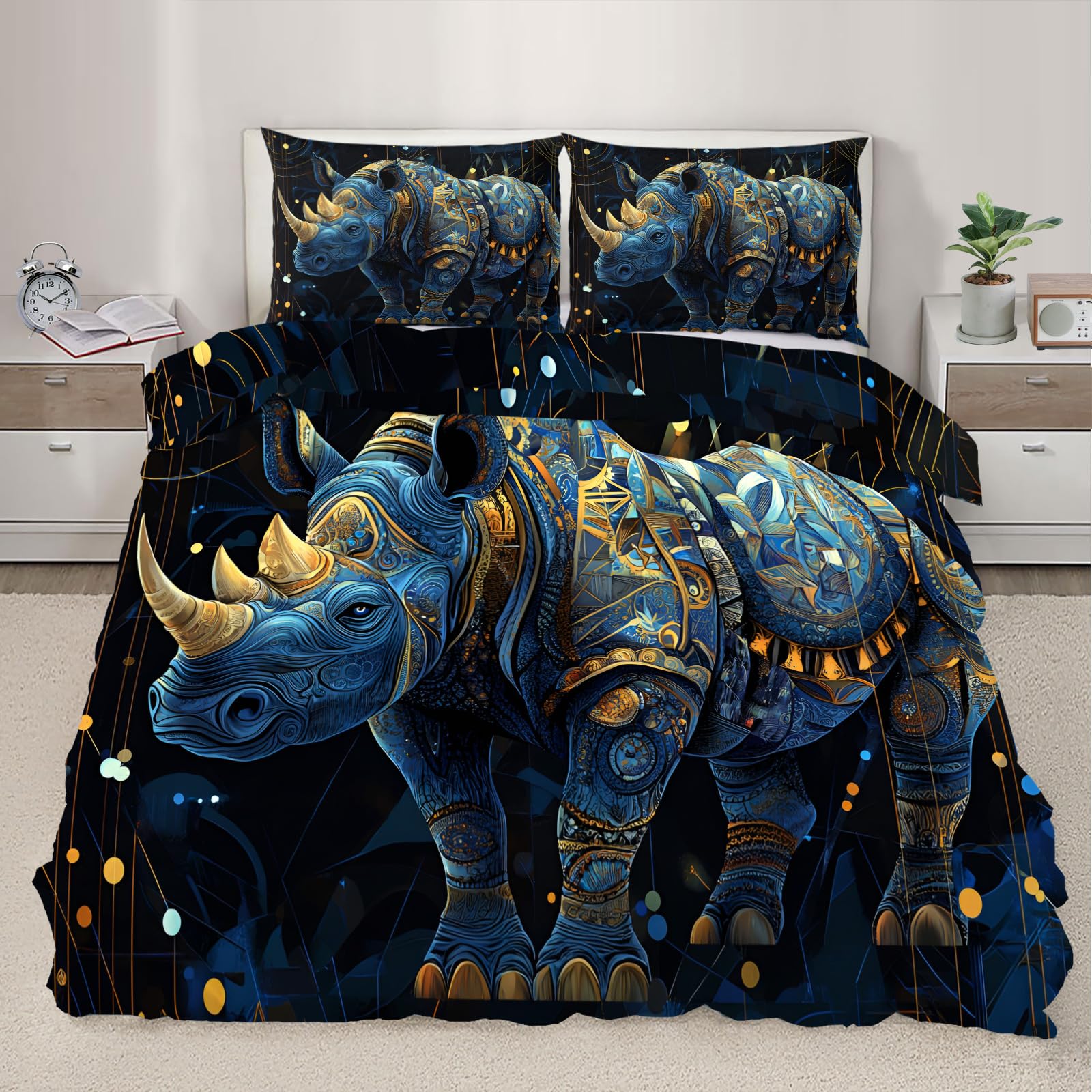 QDJKBL Mechanical Rhino Duvet Cover Mechanical Animal Comforter Cover Cartoon Wildlife Bedding Set Super King Duvet Covers Fantasy Animal Game Theme Comforter Set for Bedroom