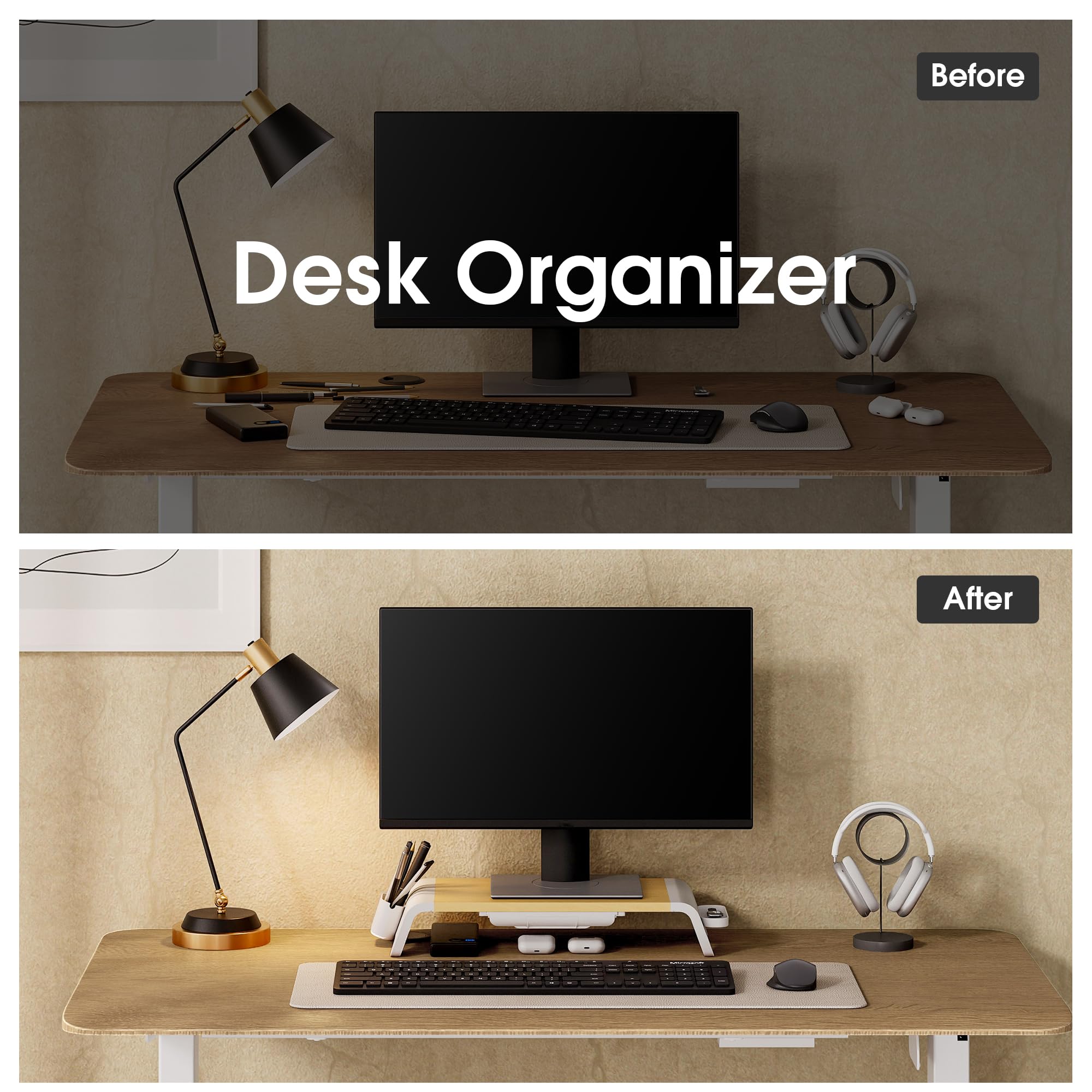 Réhausseur écran Bois Fenge Ergonomique 52 Cm - Support Moniteur Pré-monté Avec Rangements Tiroirs Téléphone