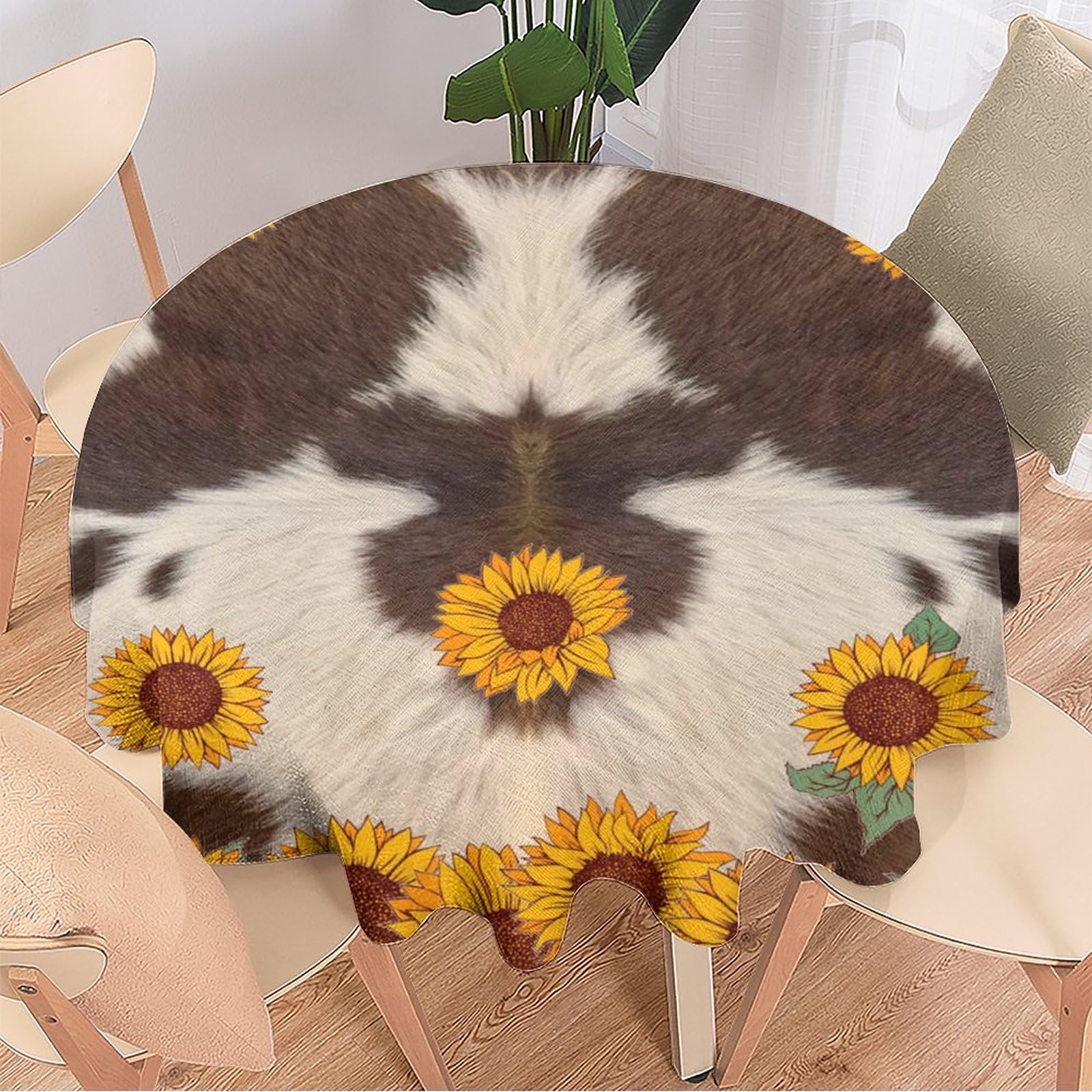 Coalho Sunflower Cow Home Decor Round Polyester Tablecloth Rustic Farmhouse Cowhide Sunflower Highland Cow Fur Print For Banquet Table Birthday Party Buffet Wedding 92X92cm(36X36in)