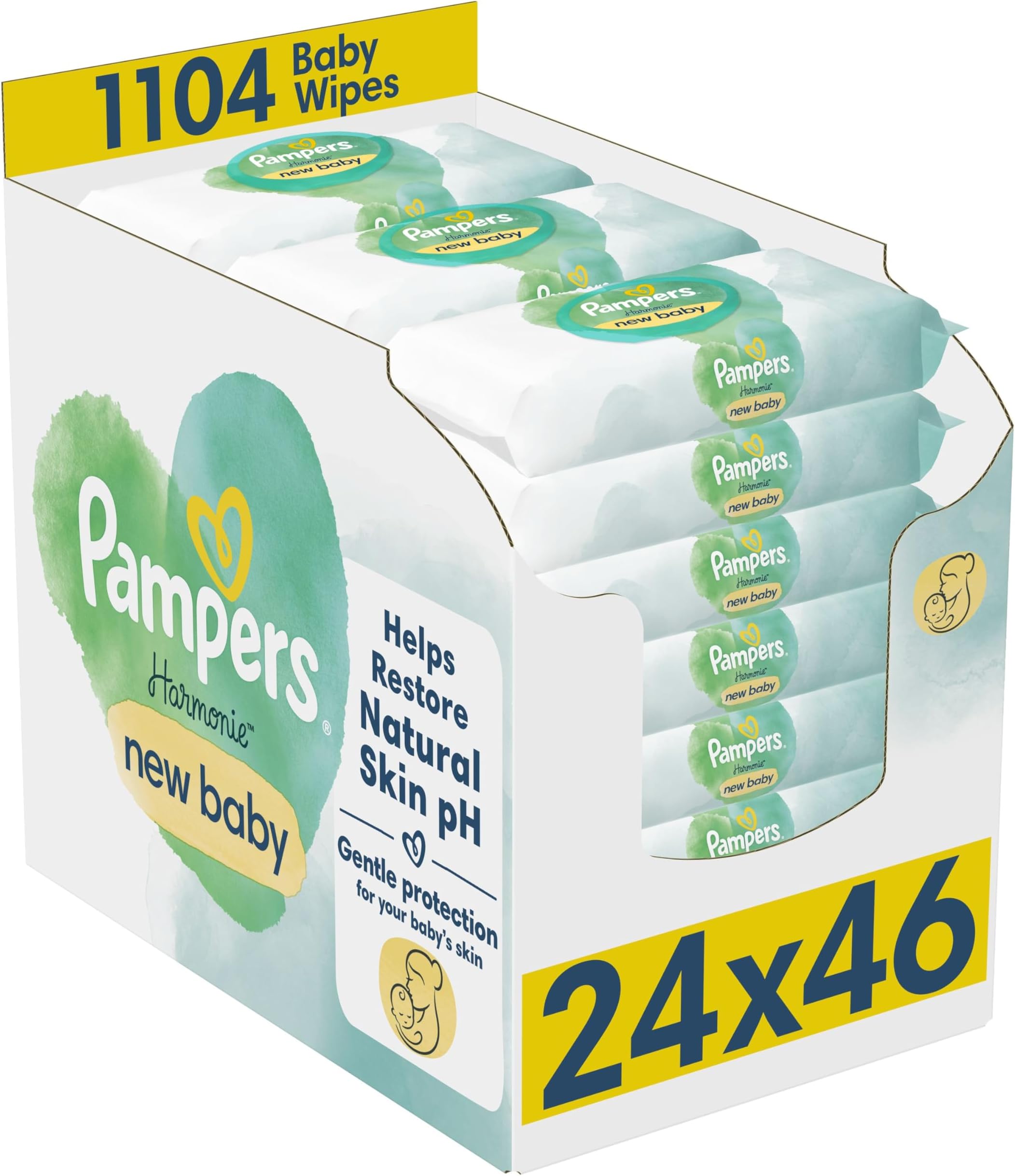 Harmonie New Baby Wipes Plastic Free 24 Packs of 46 Wipes, 1104 Baby Wet Wipes, Help Restore Natural Skin pH