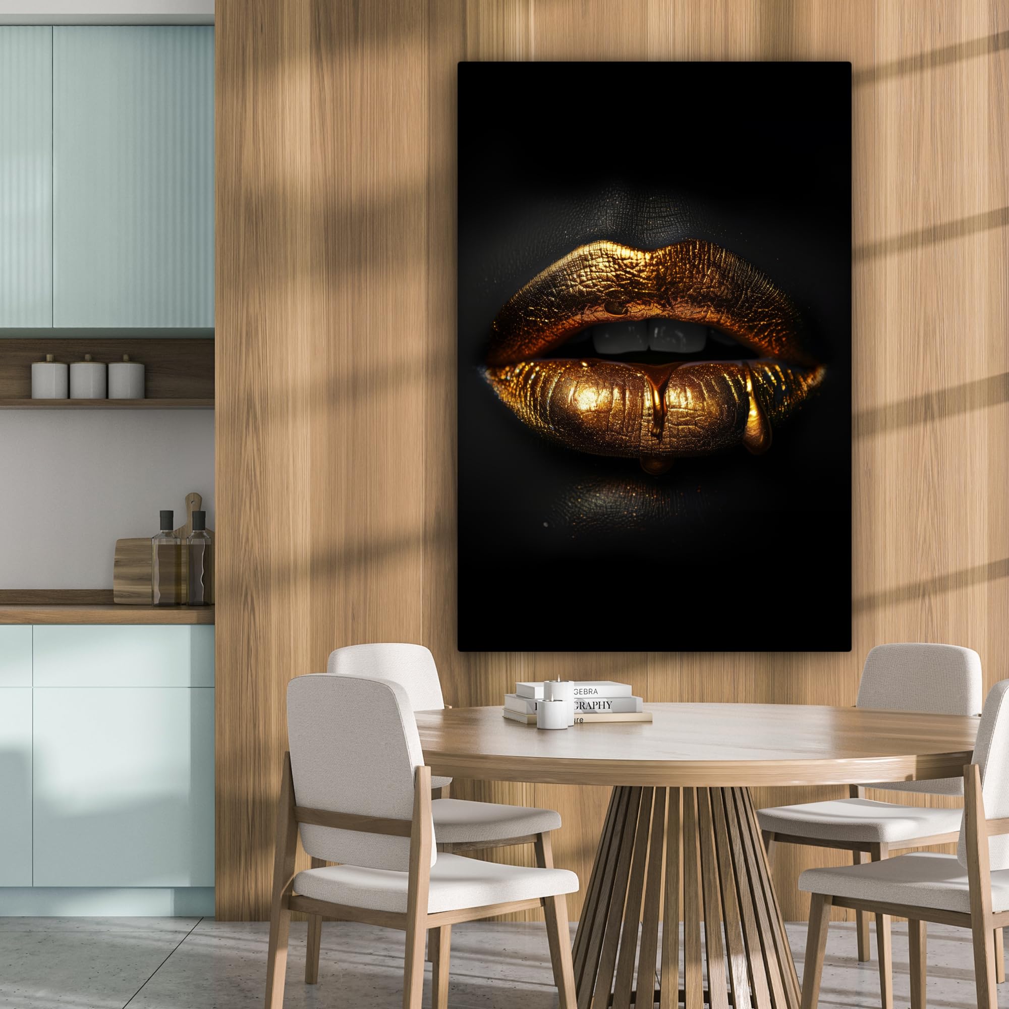 MuchoWow© Stampa di Foto su Tela Quadro Soggiorno Moderno Quadri per | 80x120 cm - Salotto Decorazioni Camera Donna - Ritratto - Labbra - Oro - Nero