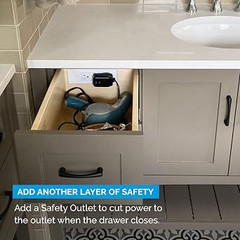 Docking Drawer Blade Compact Vanity Outlet, Fits 11 Wide Drawers, 2 AC, Auto Safety Shutoff, White