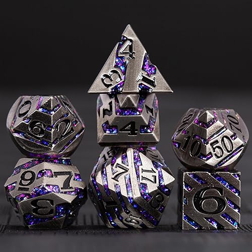 DND - Juego de dados de rayas de metal, 7 piezas de dados poliédricos RPG con estuche de regalo para Calabozos y Dragones (níquel envejecido morado)