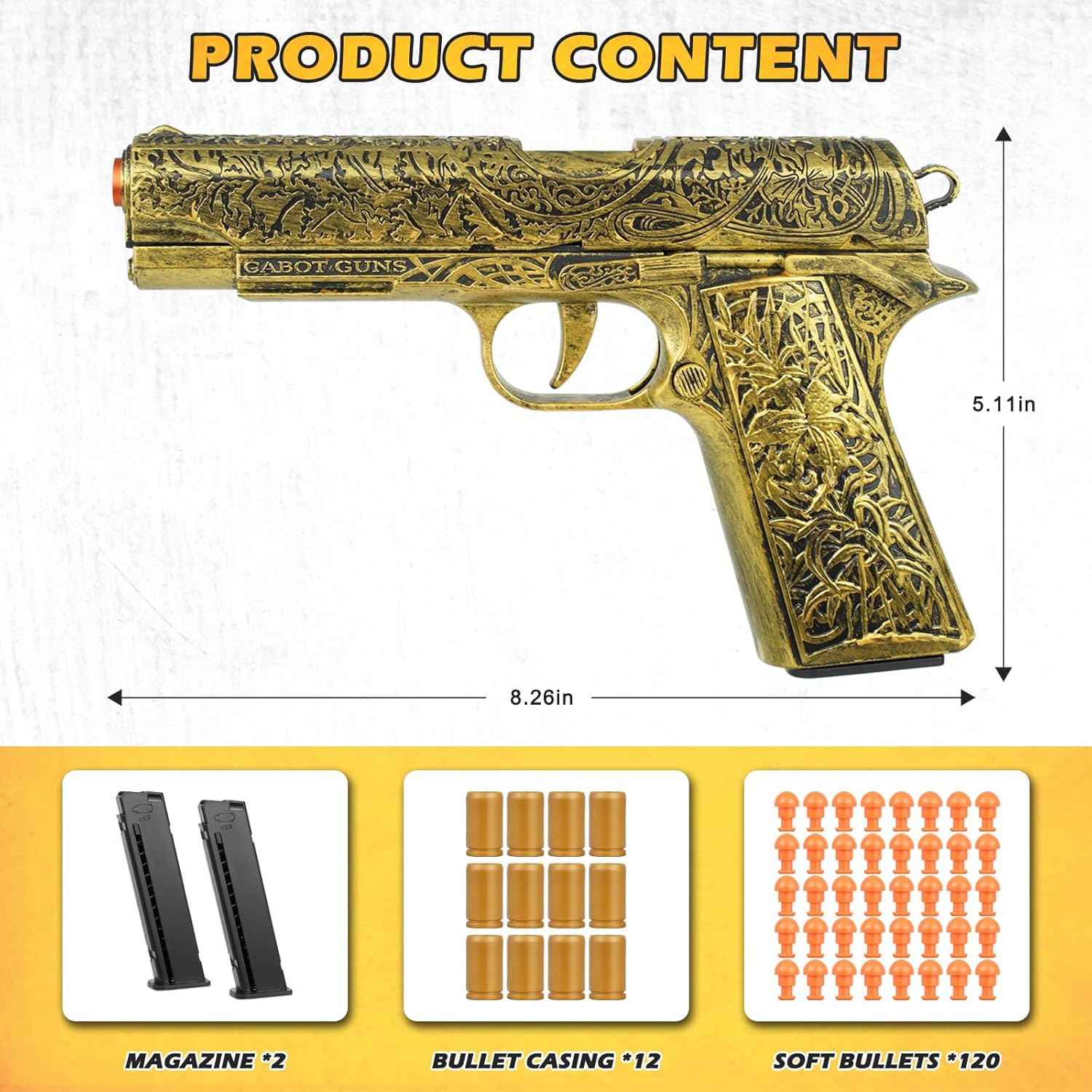 Toy Gun, 1911 Semi Auto Pistol Gun Toy for Boys, Empty Shell Ejecting Toy Gun with 120 Soft Bullets, Realistic Gun Toy Model, Kids Plastic Toy Pistol for 8+ (Gold)