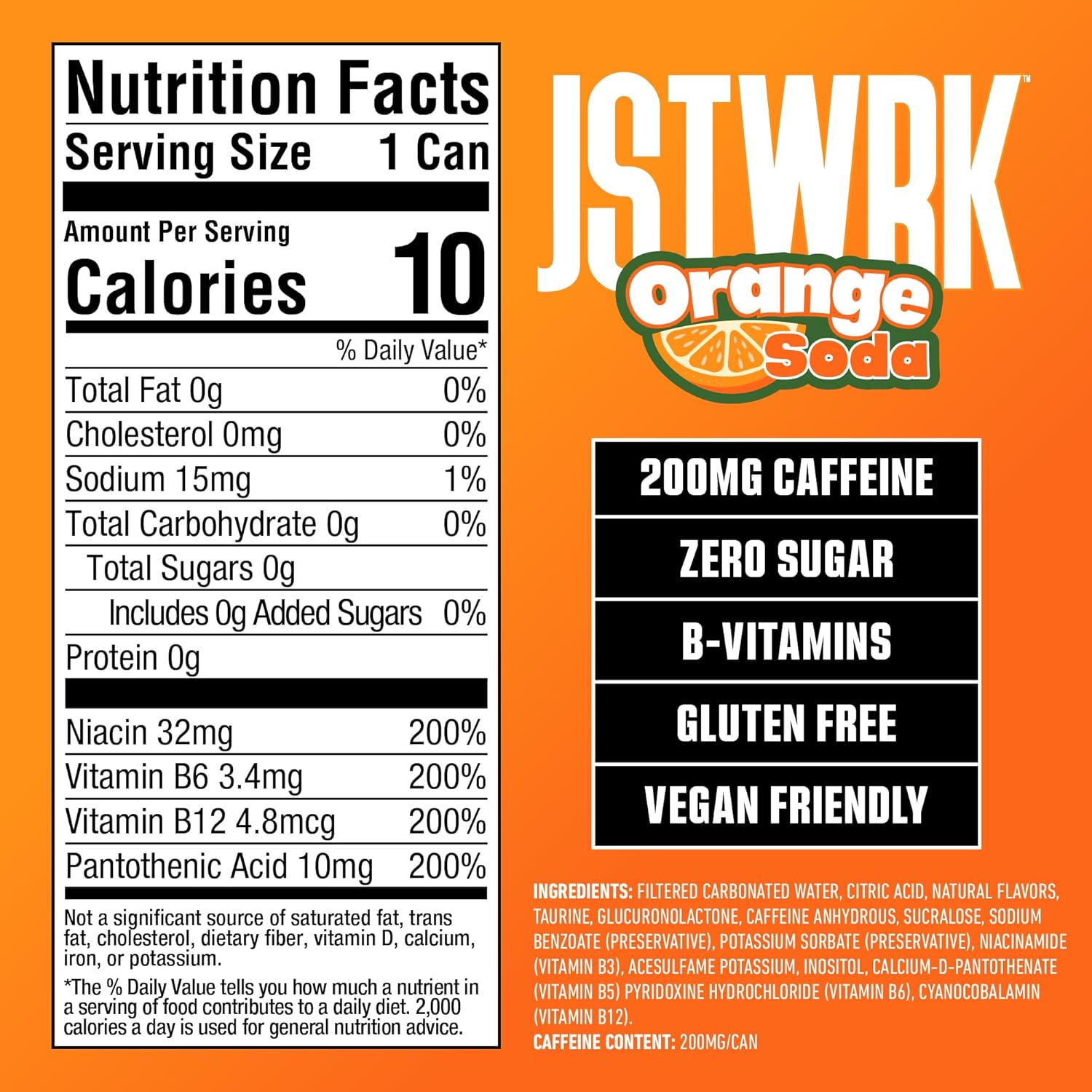 JST WRK Energy Drink - 12-Pack, Sugar-Free, Zero Calories, No Sugar Alcohols, 12 Fl Oz., 200 milligrams Caffeine (Orange Soda)