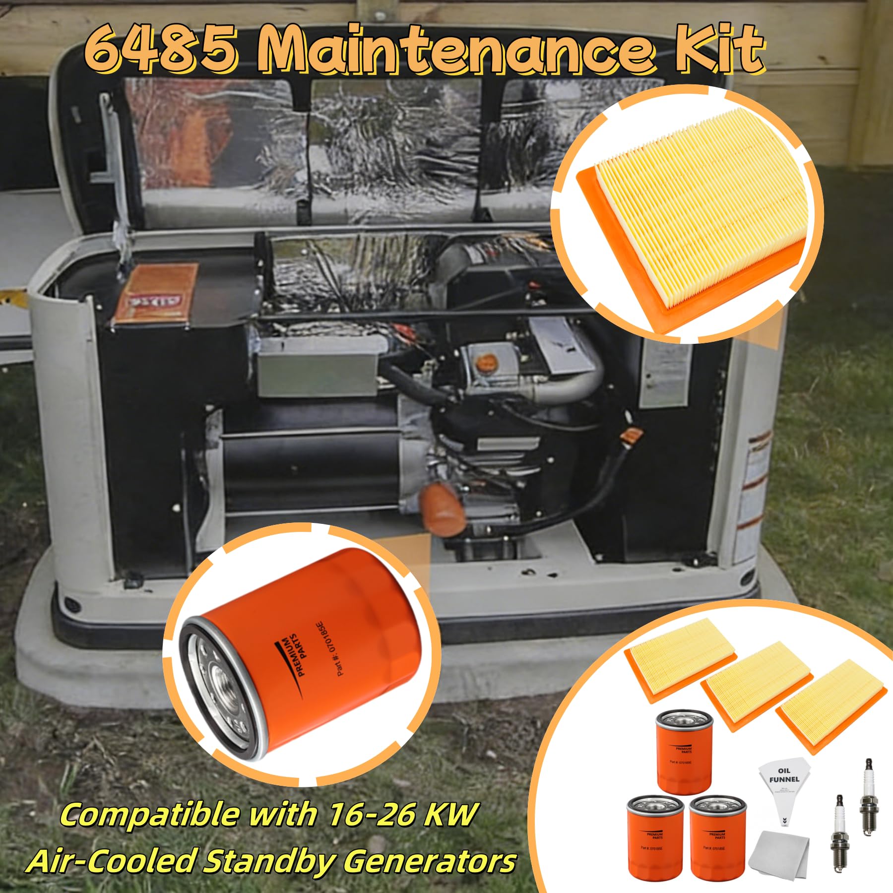 6485 Zestaw konserwacyjny 0J8478 Filtr powietrza TER 070185E Filtr oleju pasuje do Ge-nerac 14KW-22KW Domowe generatory chłodzone powietrzem z silnikami 990CC 999CC (pomarańczowy-3 szt.)
