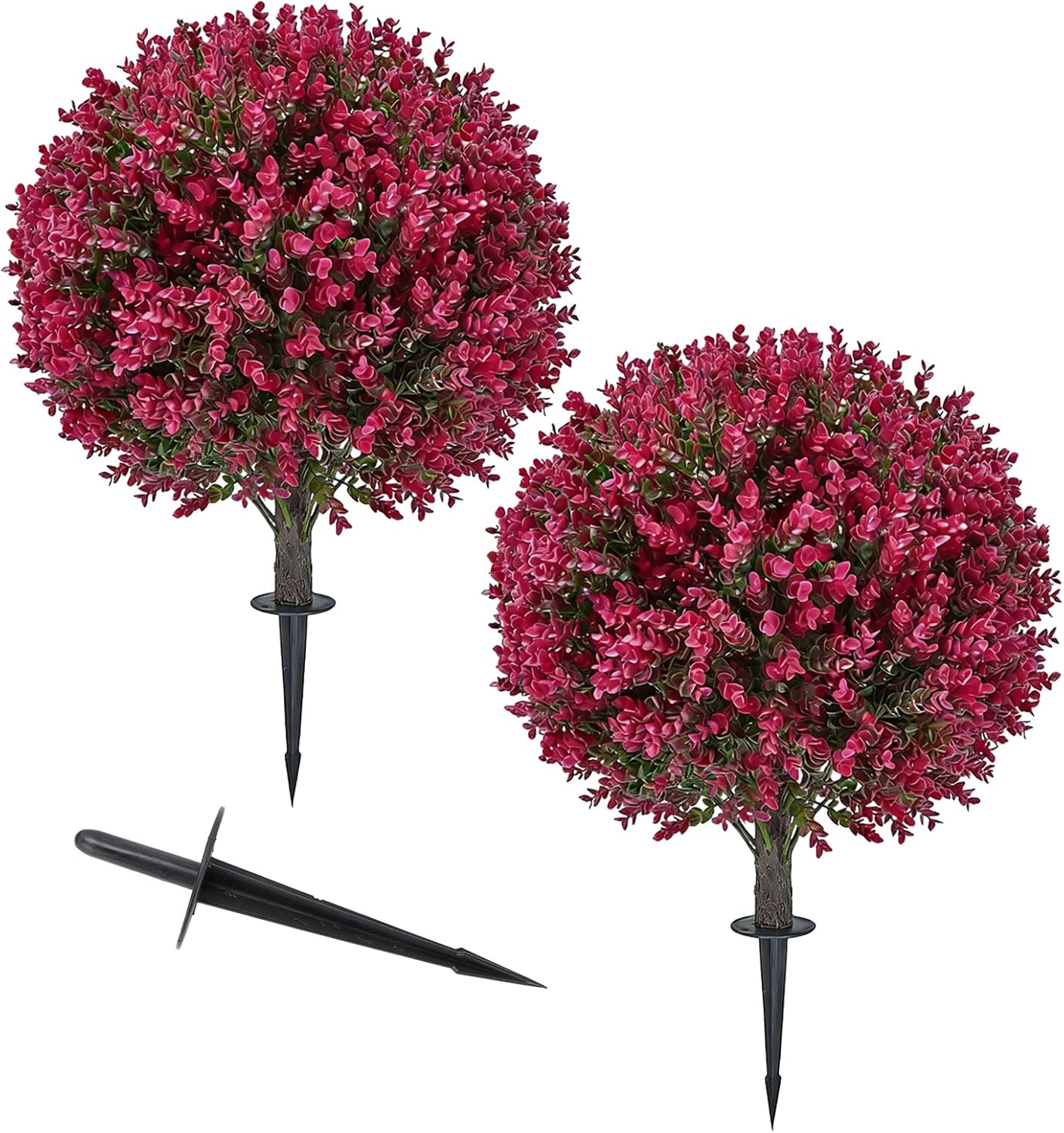 Set of 2 Artificial Red Eucalyptus Topiary Trees with Ground Stake, UV Resistant Faux Boxwood Ball Shrubs, Realistic Fake Red Plants for Outdoor Patio Garden Front Porch Décor