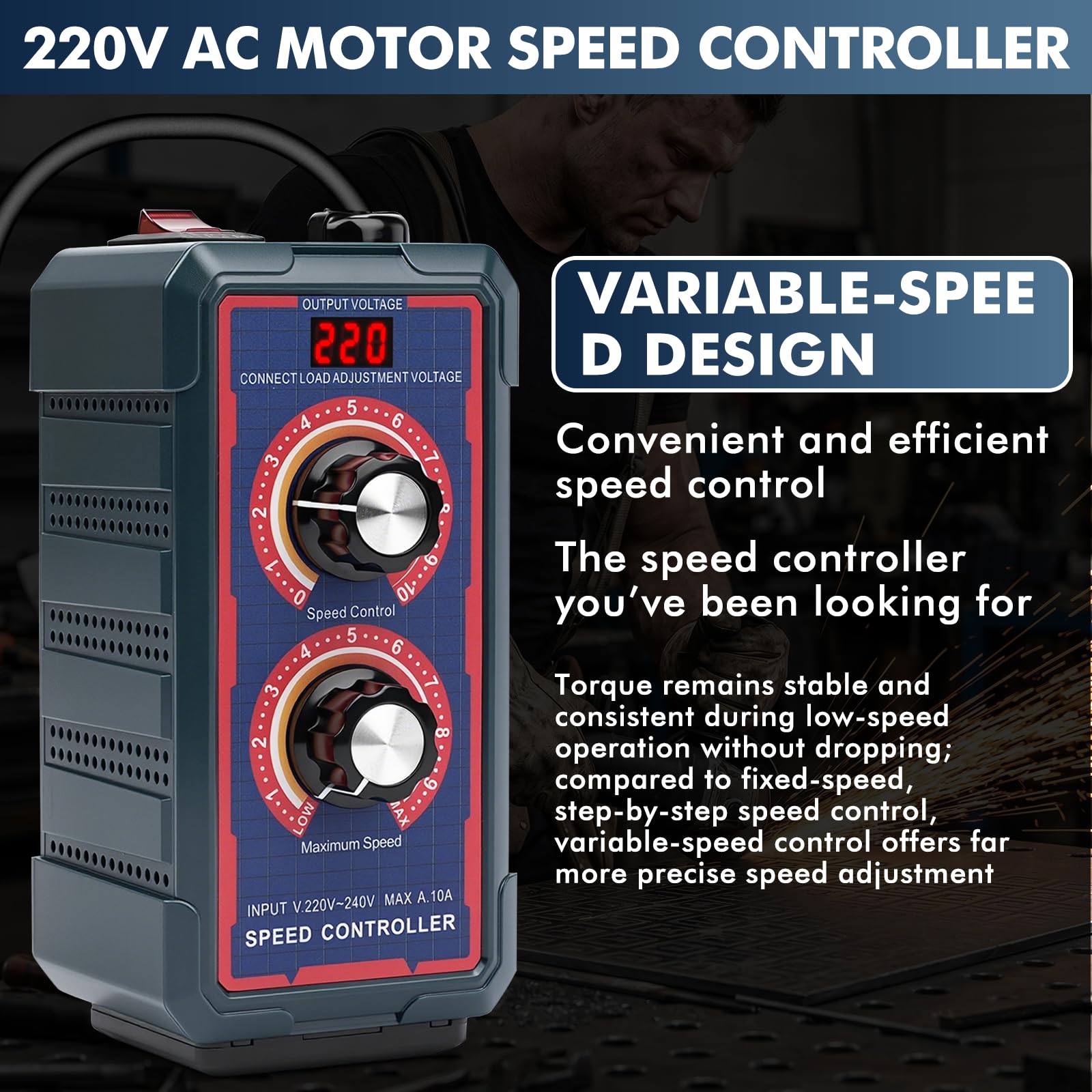 Drehzahlregler 230V Motor Spannungsstabilisator 230V AC Spannungsanzeige 2000W (ohmsche Last) 600W (induktive Last) Stufenloser Drehzahlregler für Winkelschleifer Gebläse Abluftventilator EU Stecker