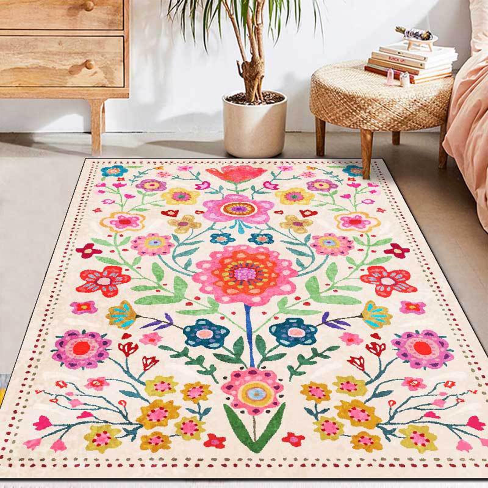 Tapis de Salon, décoration d'intérieur, 120 x 180 cm, 4 pi x 6 pi, Tapis Art déco, Table Basse, Tapis d'intérieur, Rouge, Vert, Rose Jaune, imprimés de Fleurs printanières Multicolores