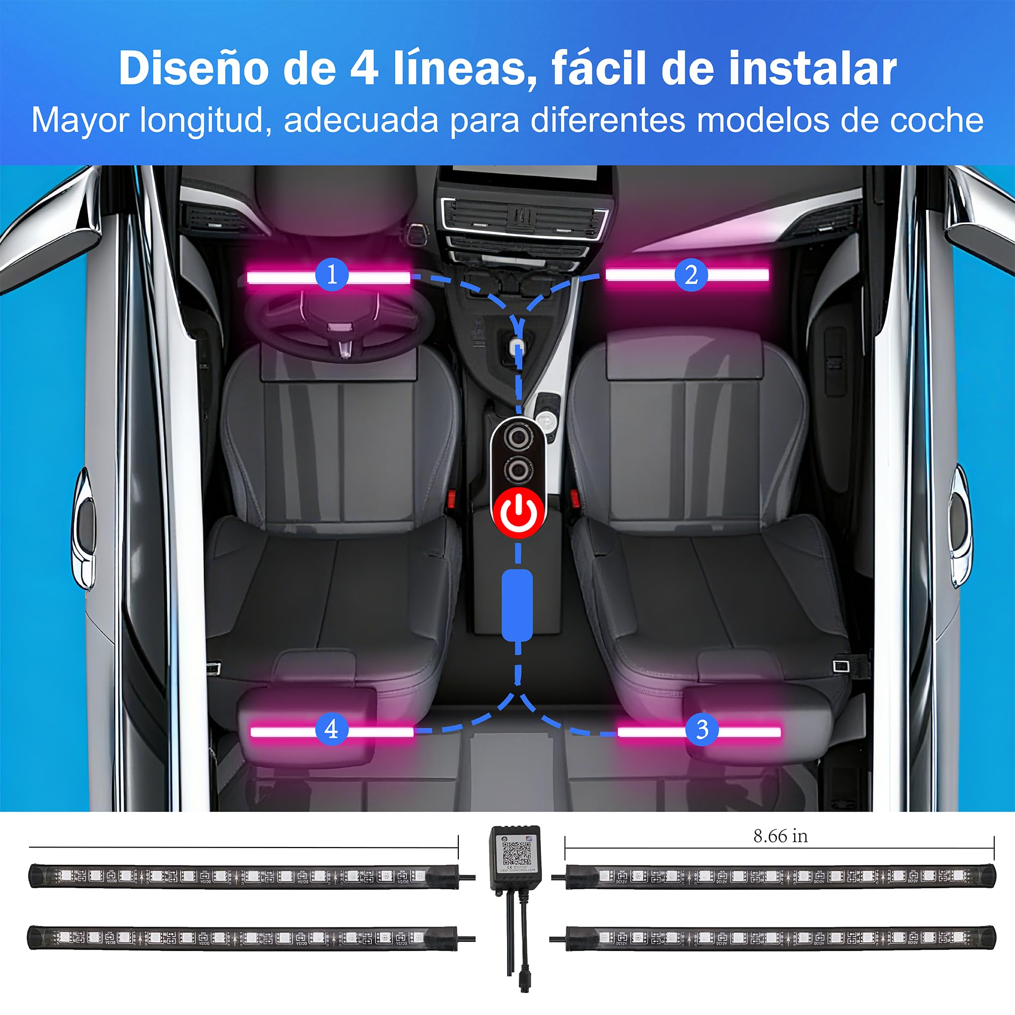 Car Interior LED Lights - 4PCs RGB Strip Lights with Bluetooth APP Control, Music Sync/DIY Mode, USB-Powered Ambient Lighting Kit for Cars, Trucks, SUVs (Universal Fit)