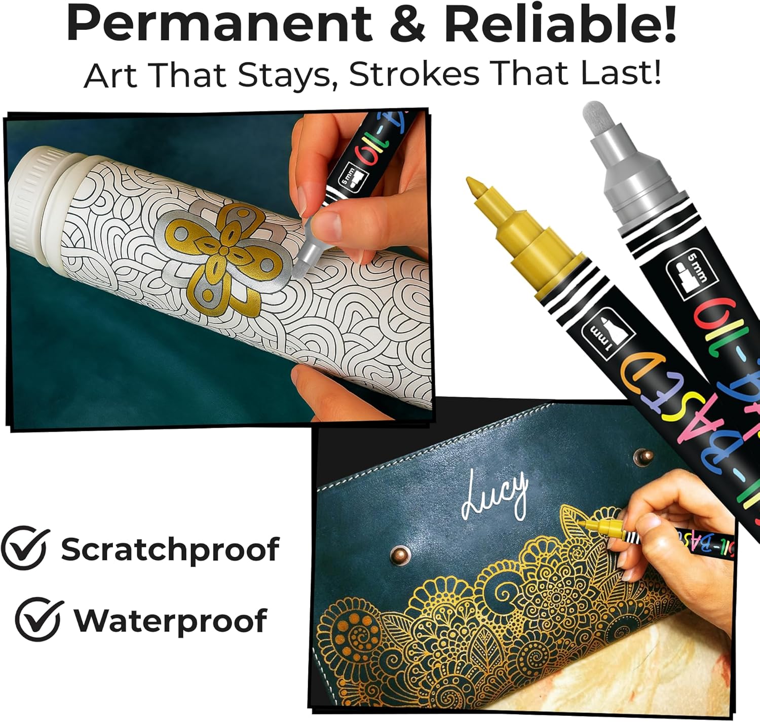 Chalkola 4 Oil-Based Paint Markers — Dual Tip (1mm Fine + 5mm) — White, Black, G