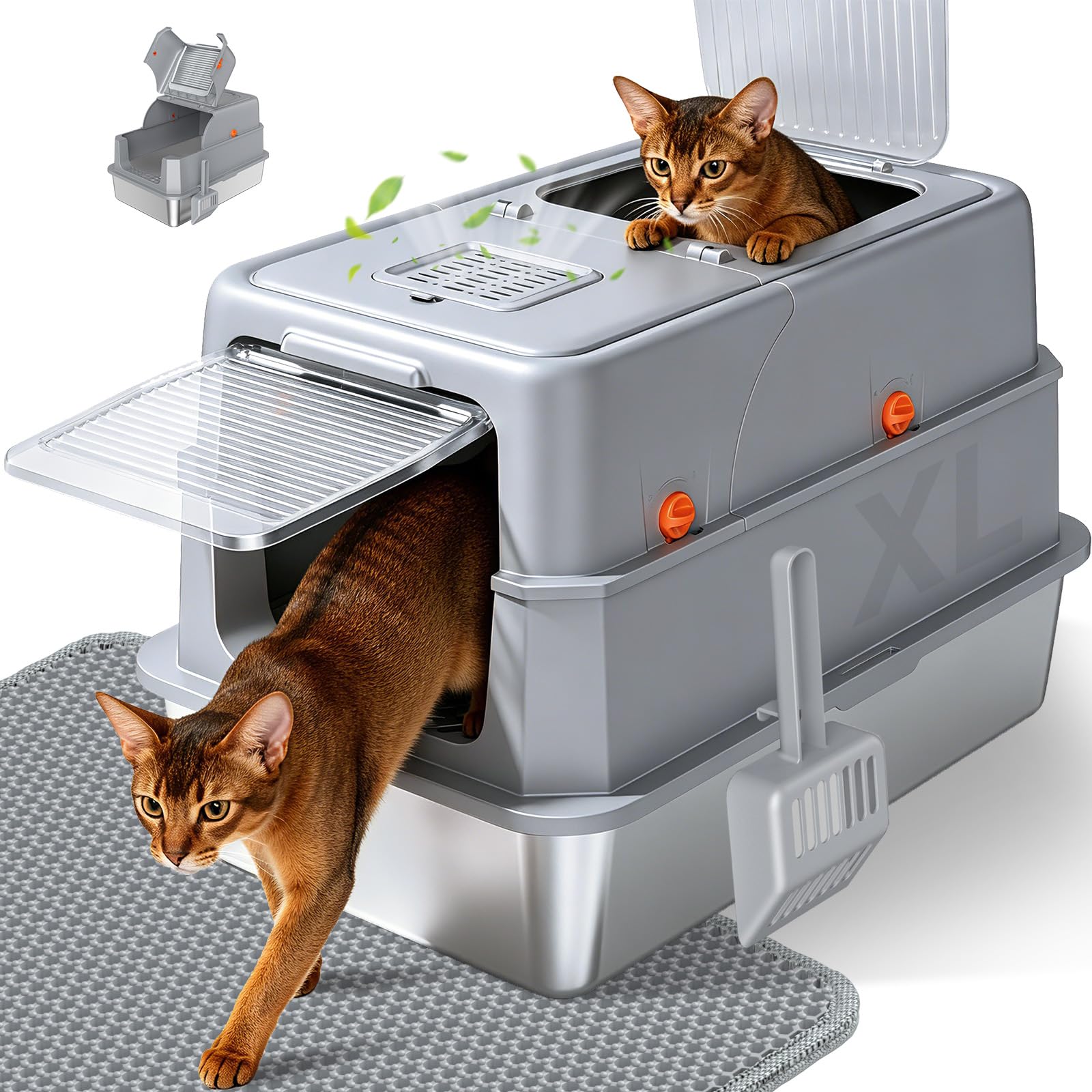 Edelstahl-Katzentoilette mit Deckel – hohe Seitenwände, geschlossene Metallwanne, Kratzfest & urindicht, antihaftbeschichtet, aufklappbare Front & Einstieg von Oben, inkl. Matte & Schaufel