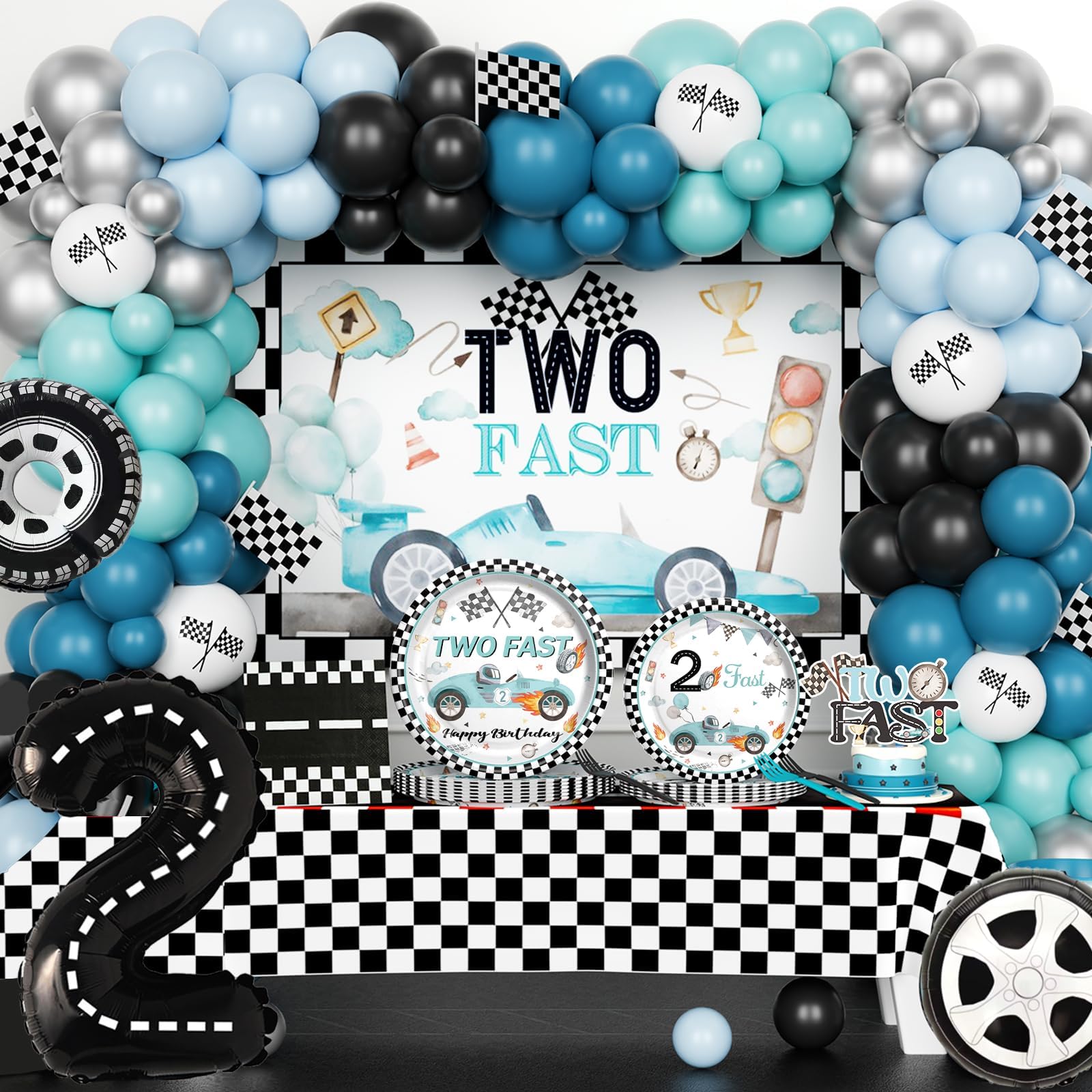 Fiesec Two Fast Birthday Decorations, 2nd Birthday Decorations for Boys, Race Car Second Party Supplies, Retro Blue Vintage Car Backdrop Balloon