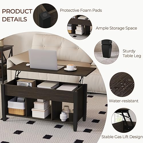 Miniatura 9 de Yaheetech - Mesa de centro con compartimento de almacenamiento oculto y estante, la superficie superior se levanta, mesa de comedor para sala de