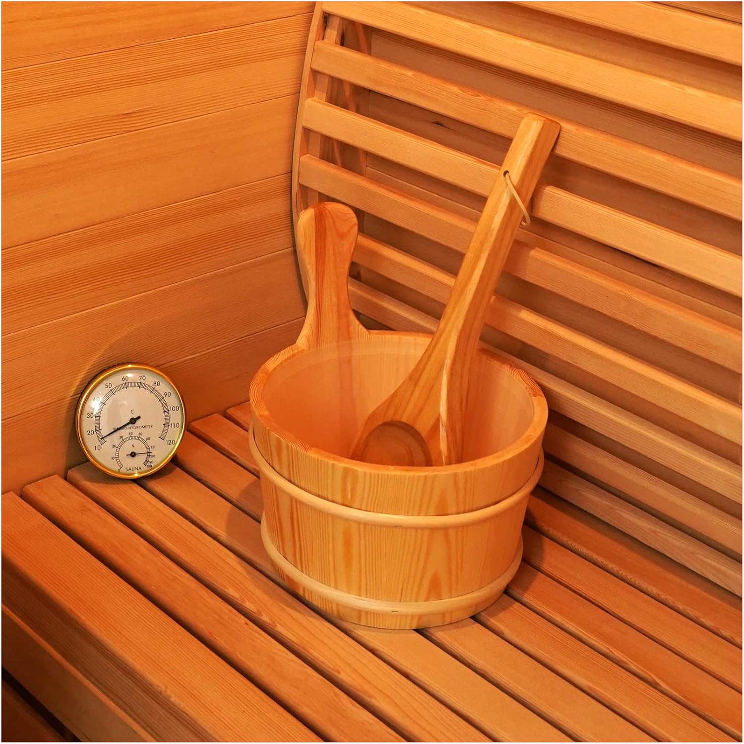 Sauna Wooden Bucket and Ladle Kit, Sauna Accessories with Thermometer for Any Barrel or Steam Sauna & SPA (Hemlock Wood Color)