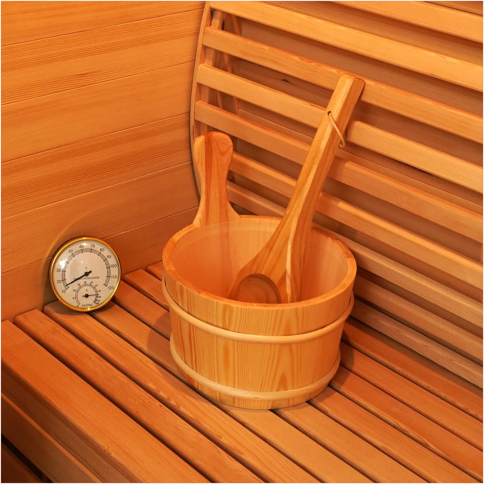 amocane 1 Wood Sauna Bucket with 3L Plastic Liner, 1 Ladle, 1 Thermometer, Sauna Accessories Kit for Home Hotel Sauna Room Sauna Heater (Hemlock Wood Color)