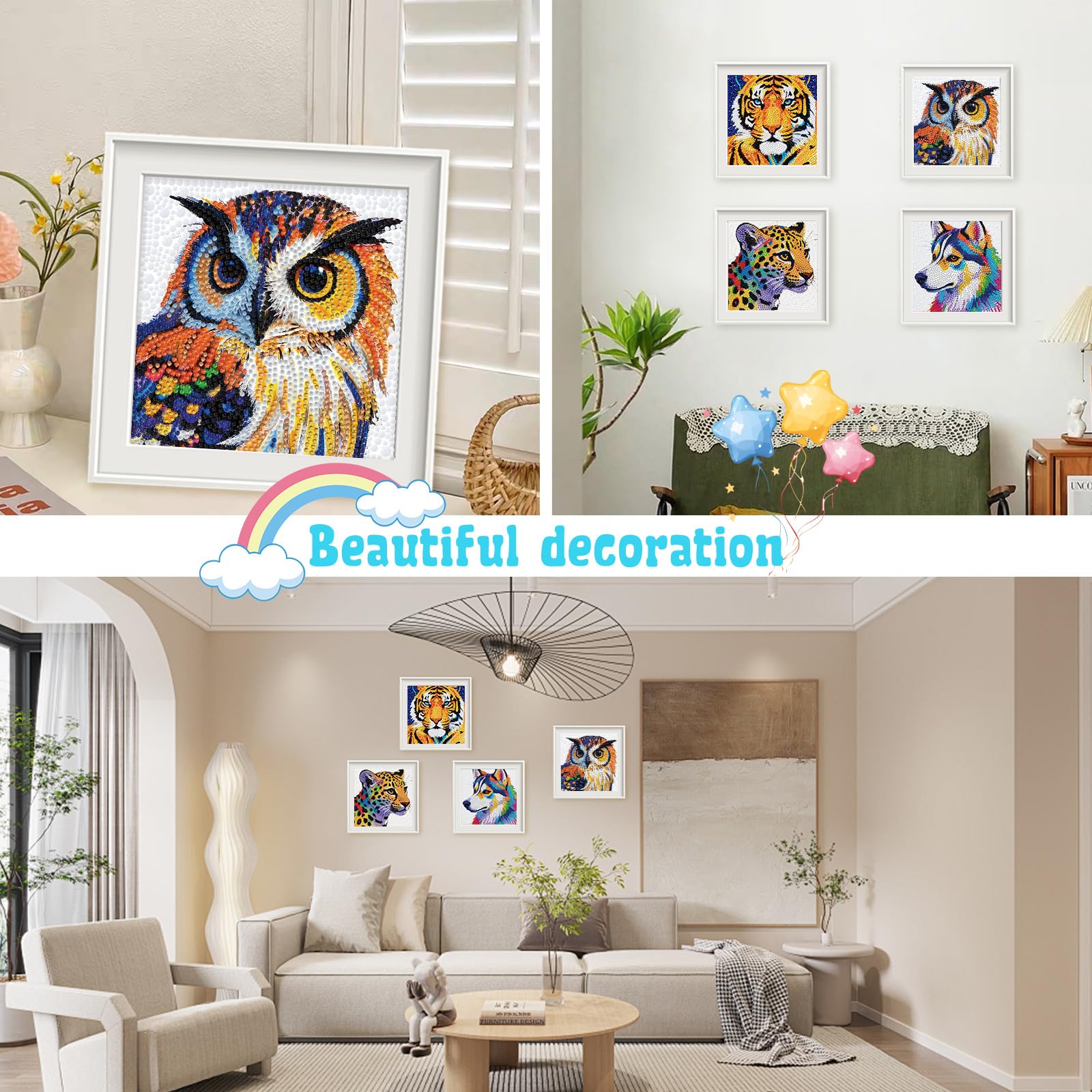 Libfx Kits de arte de diamantes para niños, 4 piezas de arte de diamantes para niñas y niños, principiantes, artes y manualidades para niños de 8 a 12 años (perro búho leopardo tigre -07)