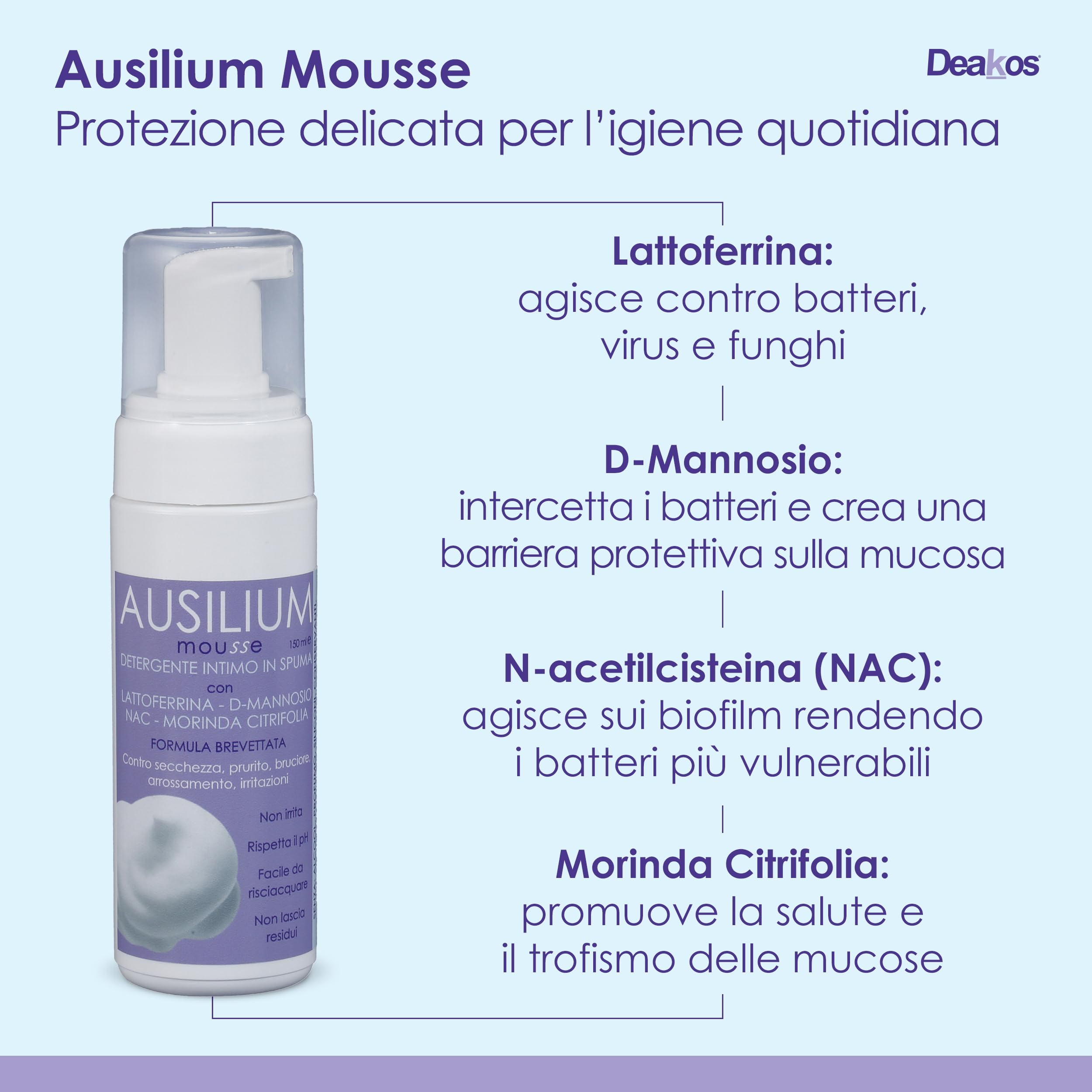 Deakos Ausilium Mousse - Detergente Intimo Donna Antibatterico e Lenitivo - Sapone Intimo Donna, Uomo e Bambino con Lattoferrina, D Mannosio, NAC e Morinda - Antiodore, Senza Parabeni e Siliconi