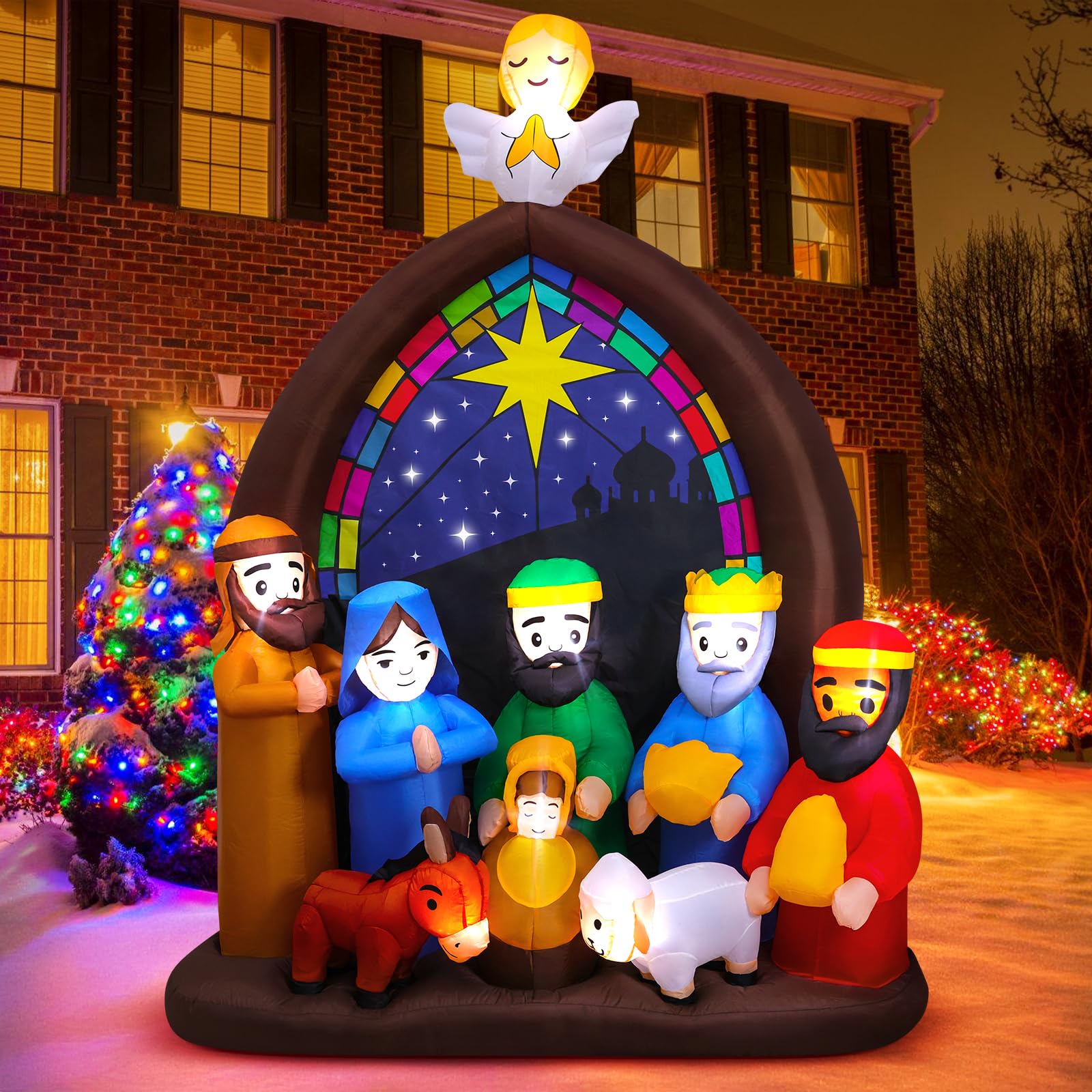 Crèche de Noël Gonflable de 2,4 m avec lumières LED, Grande crèche de Noël Gonflable Jésus pour Jardin, pelouse, église, décoration de Noël