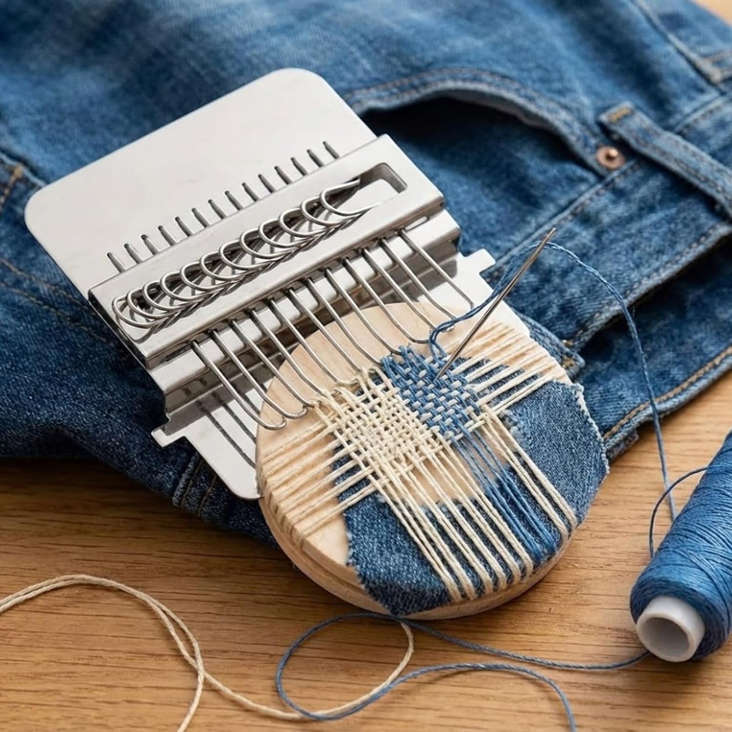 SUWEQI Mini Loom for Mending - Portable Knit Patch Kit, Darning Loom for Clothing Repair, DIY Weaving Loom Kit for Beginners (28 Hooks)