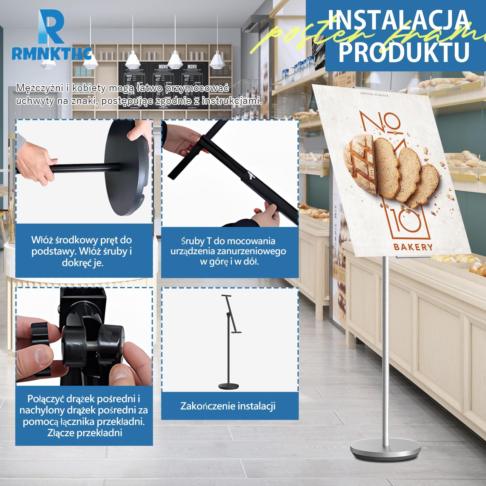 Stojak na plakat, stojak wystawowy, regulacja wysokości 60-100 cm, format pionowy/poziomy + podstawa Ø 28 cm, uchwyt na plakat do sklepów/targów (srebrny)