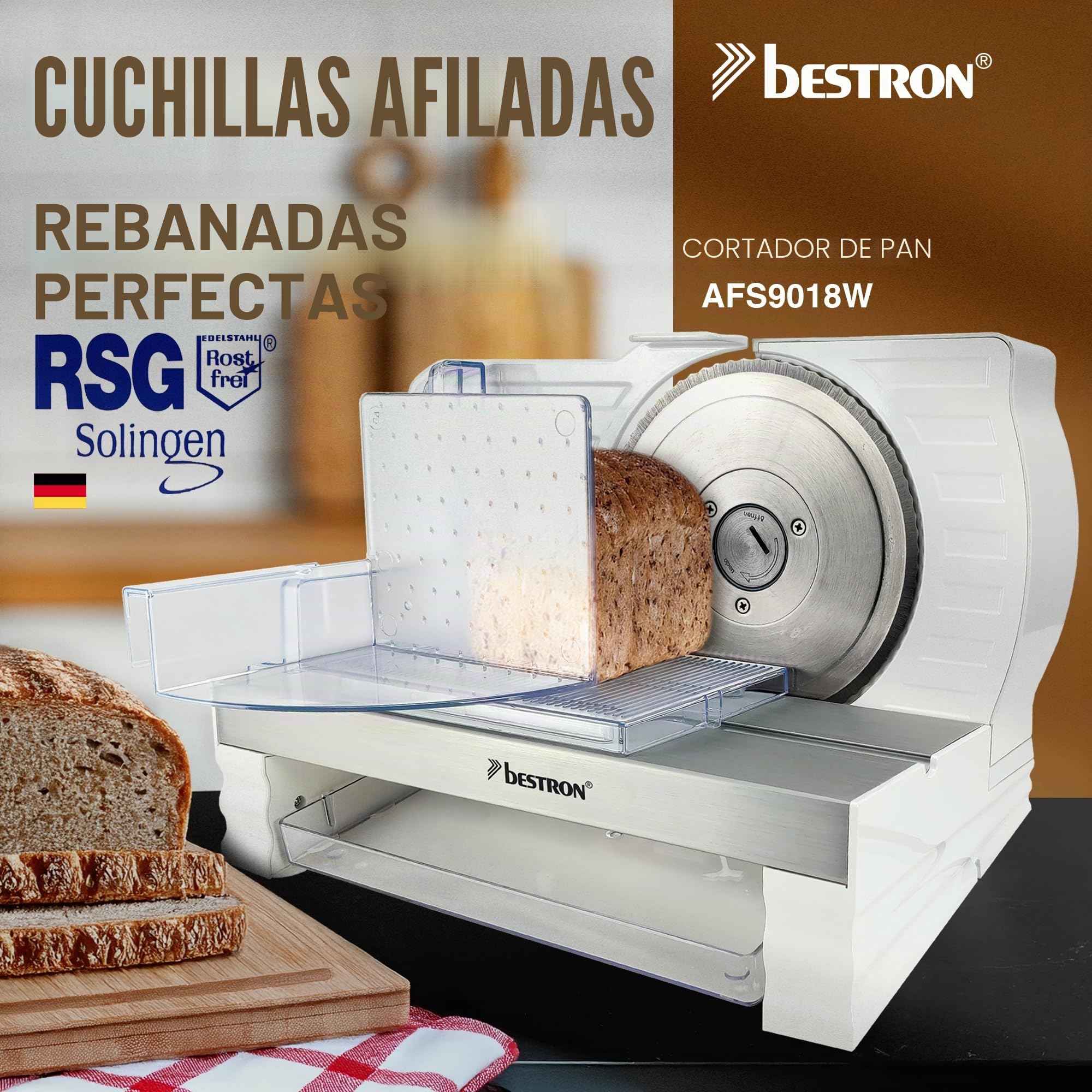 Bestron Rebanadora de pan, con hoja de acero inoxidable RSG, fabricada en Alemania, ajuste continuo del grosor de corte de 0 a 20 mm, rebanadora universal con botón de cambio para un