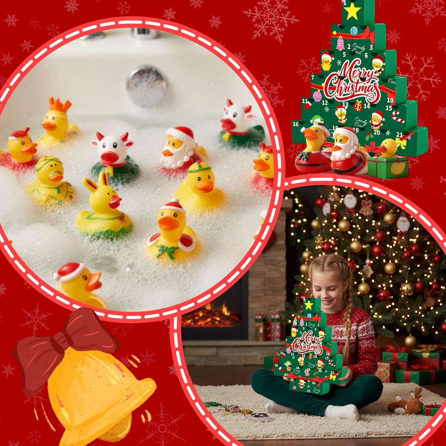 Sotiff 24 Pcs Christmas Rubber Duck Gift Advent Calendar 2026 Surprise Ducky Bath Set for Holiday Party Favor Stocking Stuffers Gift Exchange(Yellow-green,Christmas)