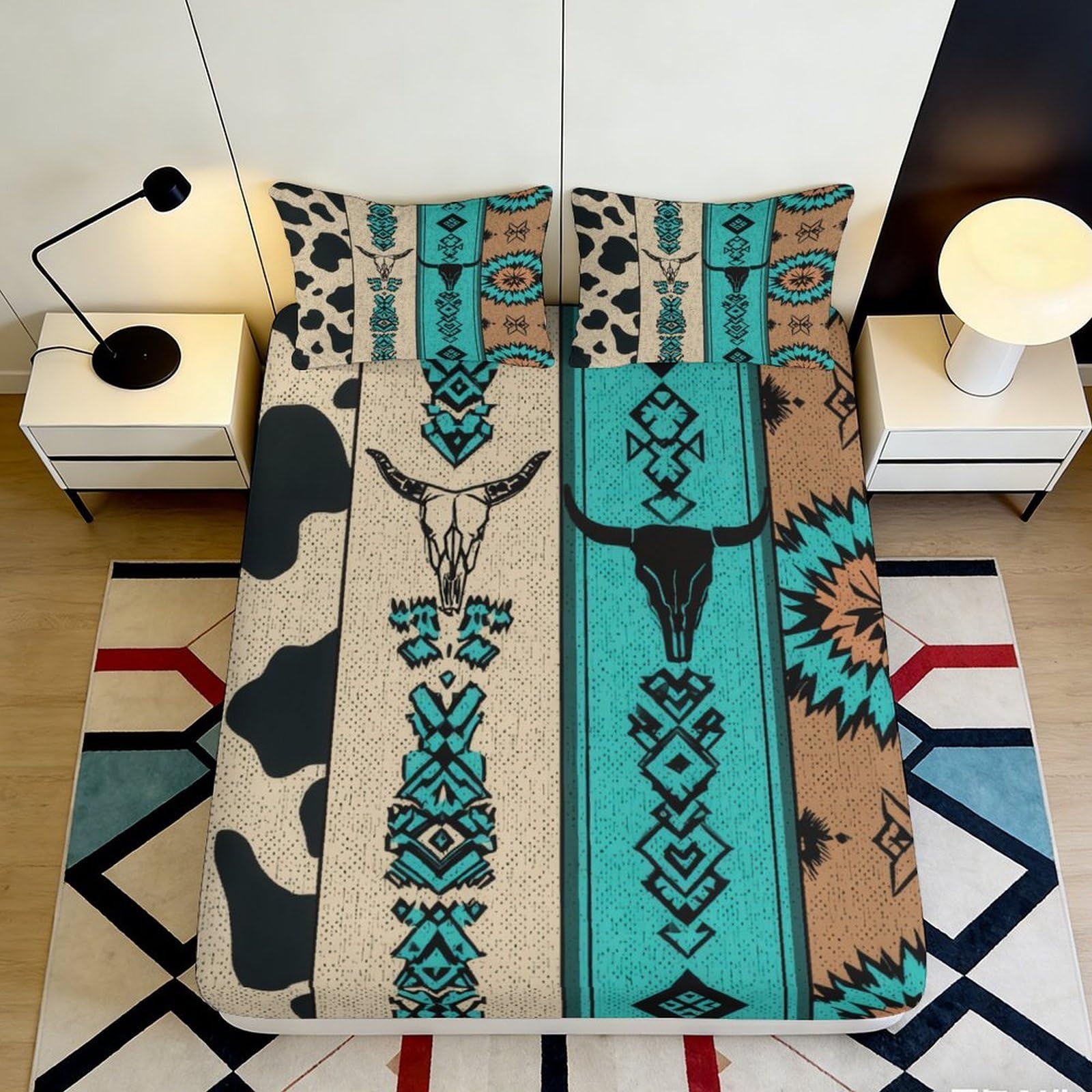 3D Printed Western Tribal Fitted Sheet Microfiber Soft Turquoise Cow Skull Bed Cover for Bedroom Guest Room Decor 90x200x25cm