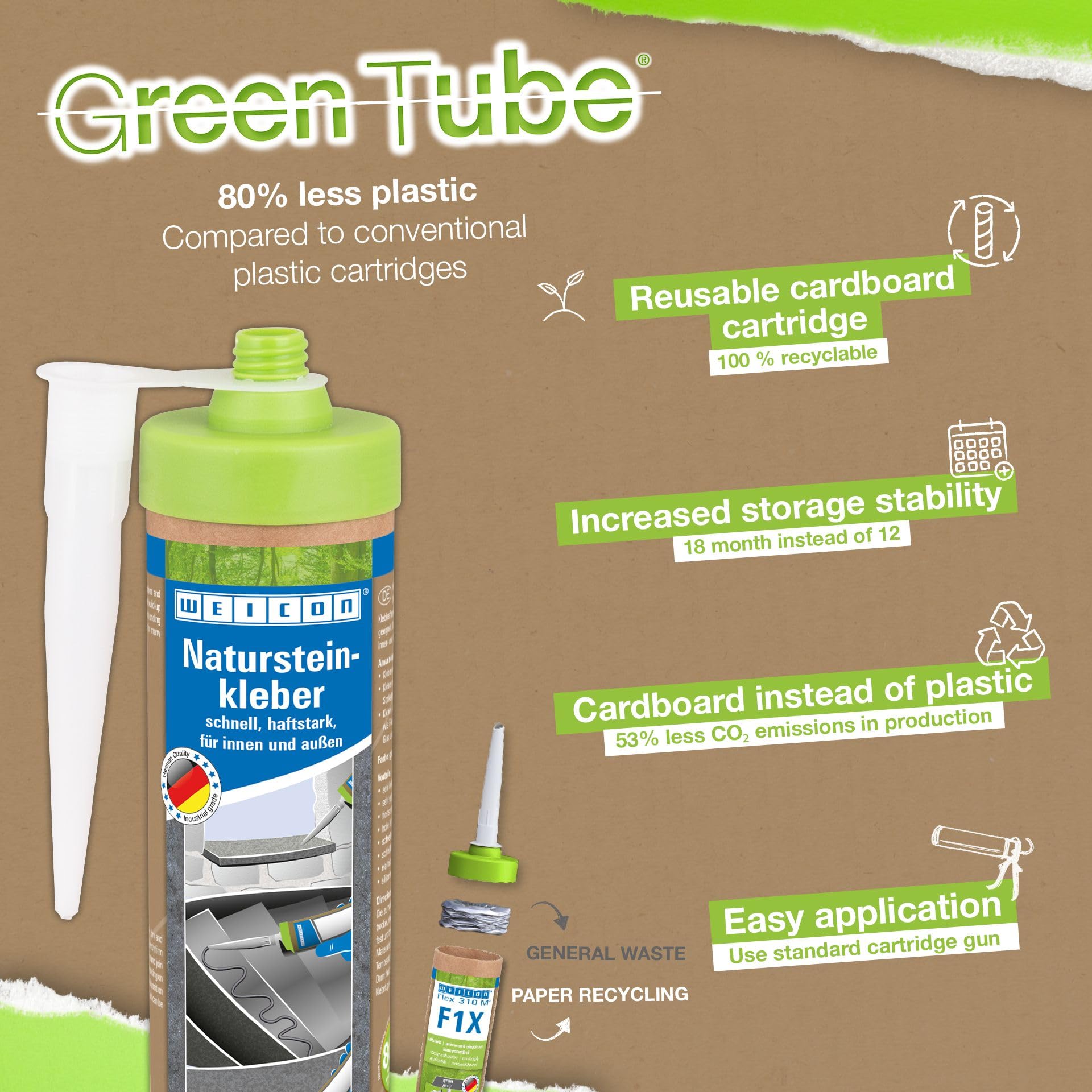 WEICON Green Tube 280 ml, klej do wszystkich rodzajów kamienia naturalnego, do zastosowań wewnętrznych i zewnętrznych, kartonowy wkład wielokrotnego użytku 100% do recyklingu, kolor: szary