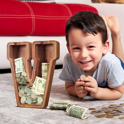 Miniatura 478 de SummiDate Alcancía de madera con nombre, niños y niñas, tamaño grande, letras alfabeto A-Z, monedas y billetes, inicial en cubierta transparente