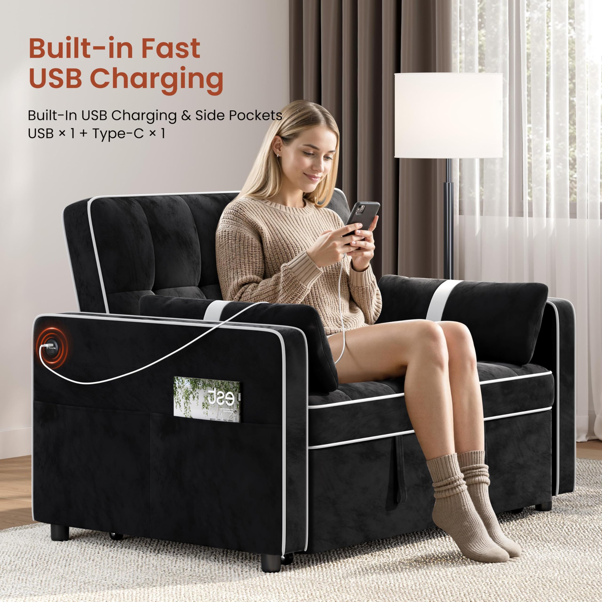 Yaheetech 3 in 1 Sofa Bed Convertible Sleeper Sofa with USB Ports, Black | Velvet Pull Out Couch Folding Loveseat Sleeper, Armrest Pillows, USB Ports, Side Pockets for Living Room Bedroom Apartment