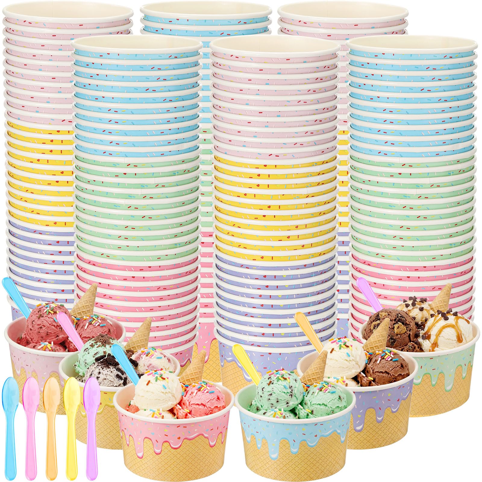 Jingmore 120 Set Paper Ice Cream Cups 8 oz with Spoons Bulk Disposable | Colorful Waffle Cone Drip Design, Sundae Bowls for Dessert Yogurt Snacks Soup, Summer Party Bar Event Supplies
