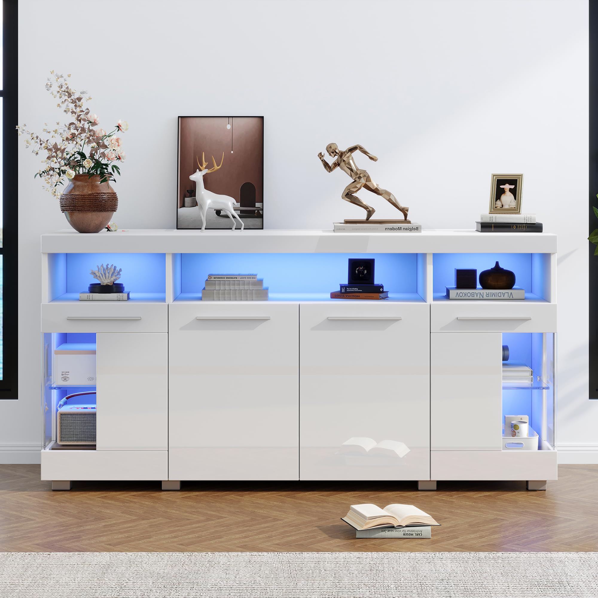 Hochglanz Sideboard Wohnzimmer Beistellschrank mit LED Licht und Offener Fach, Wohnzimmerschrank Buffetschrank mit Glastür, Highboard Vitrine mit Silberner Griff, Schrank Weiß, 140x40x70 cm