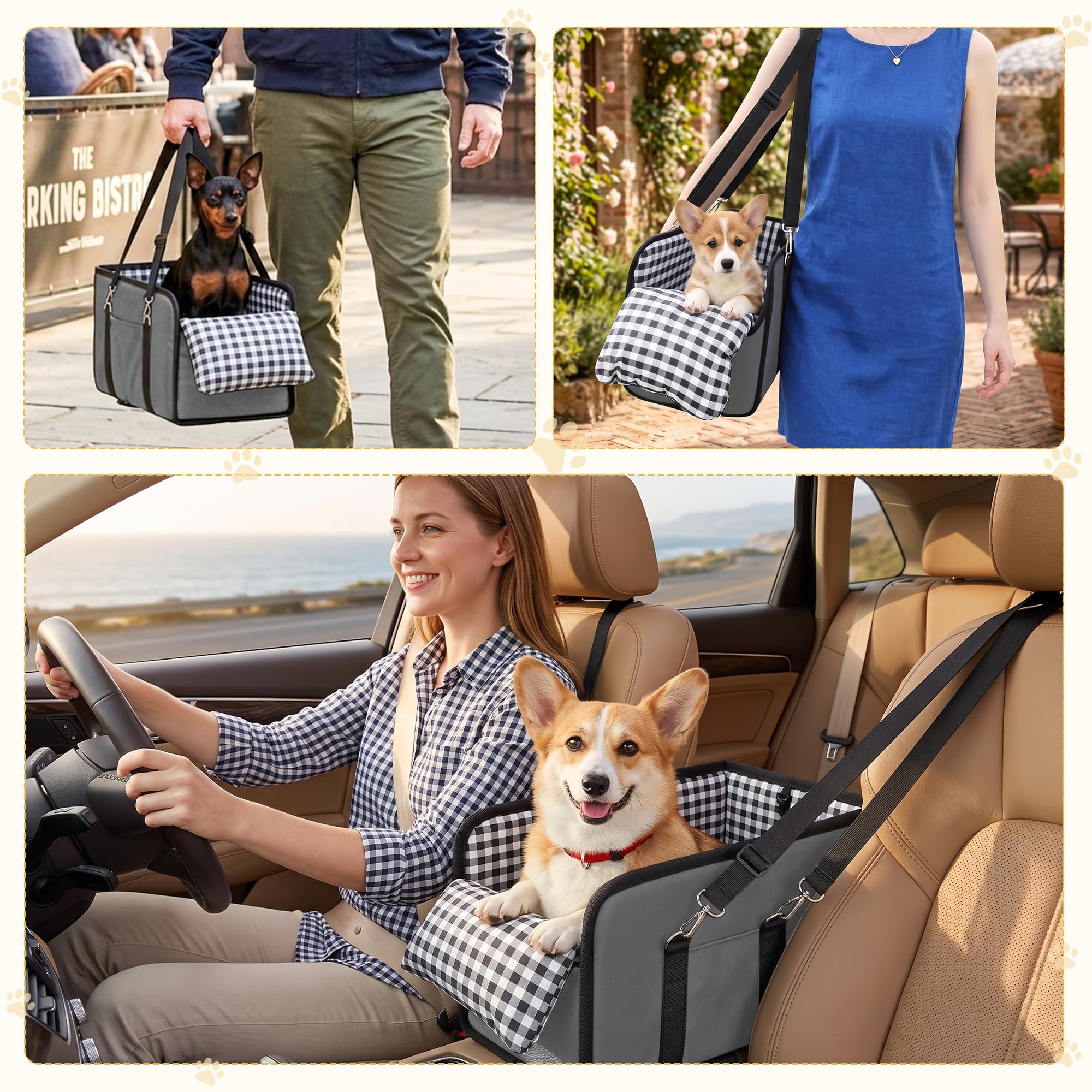 Siège de voiture pour petit chien – Console centrale imperméable pour animal domestique – Rehausseur de voiture amovible avec harnais de ceinture de sécurité – Coussin épais pour chiot et
